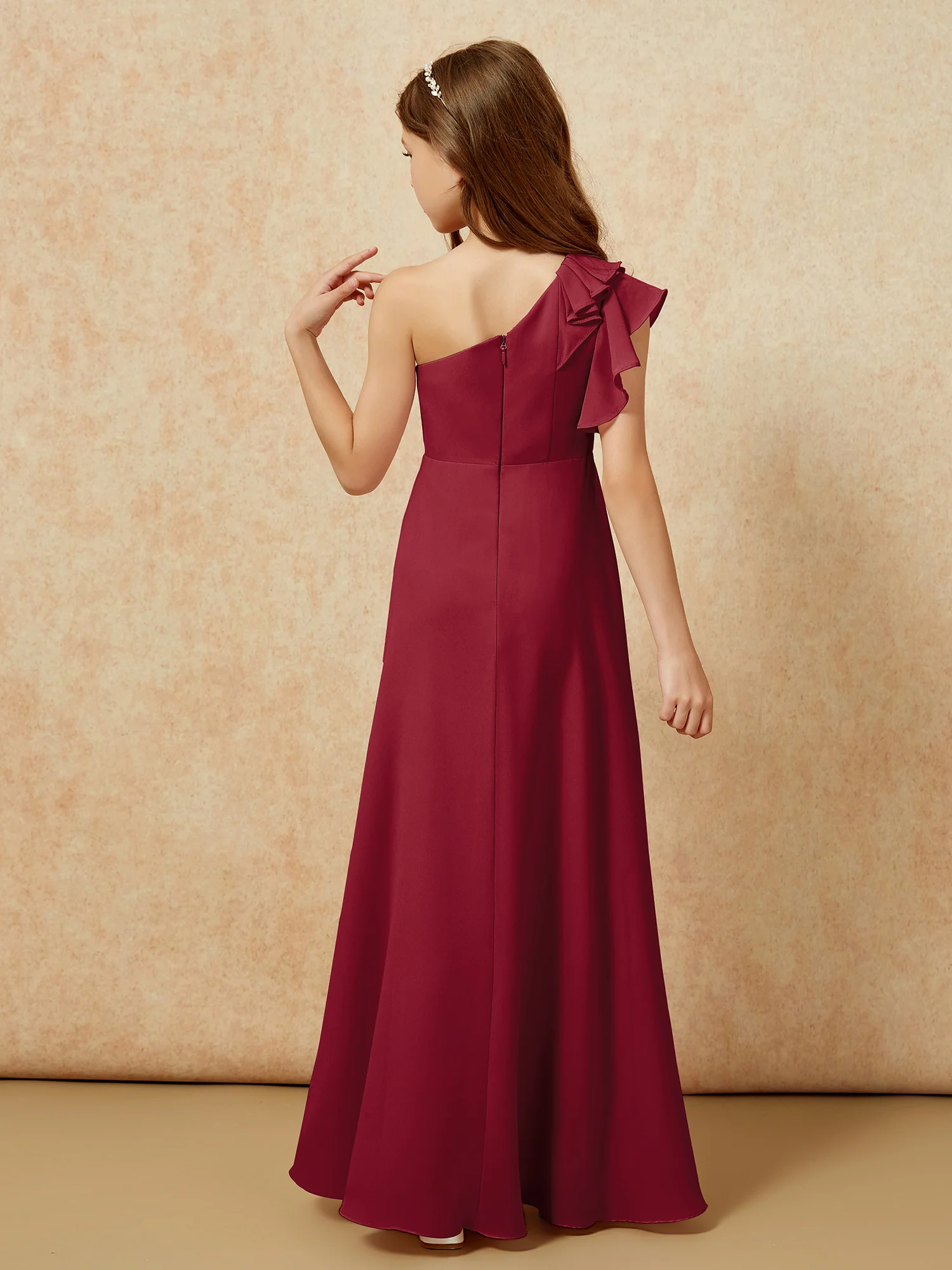 One Shoulder Flutter Sleeves Junior Bridesmaid Dresses Burgundy - Image 2