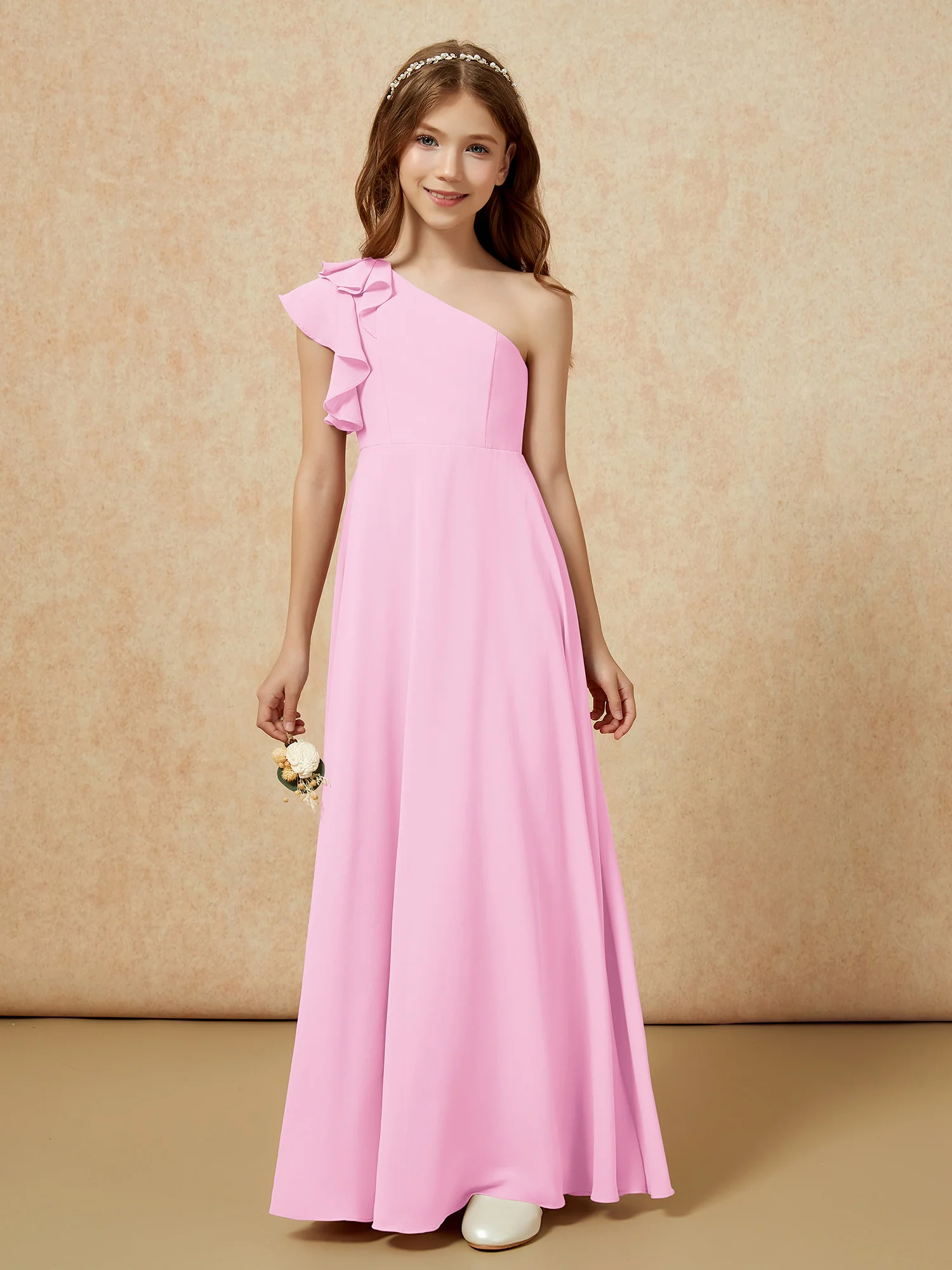 One Shoulder Flutter Sleeves Junior Bridesmaid Dresses Candy Pink