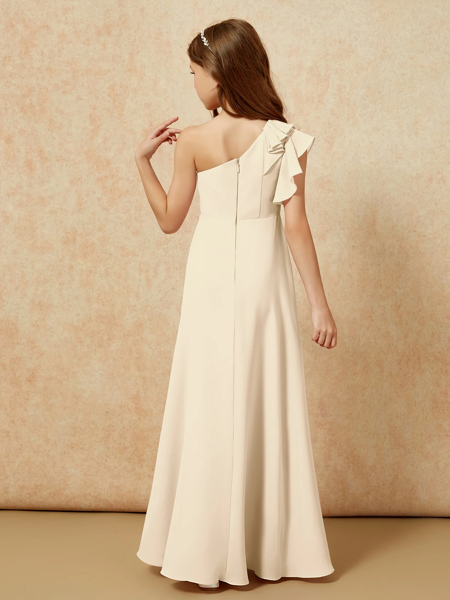 One Shoulder Flutter Sleeves Junior Bridesmaid Dresses Champagne - Image 2