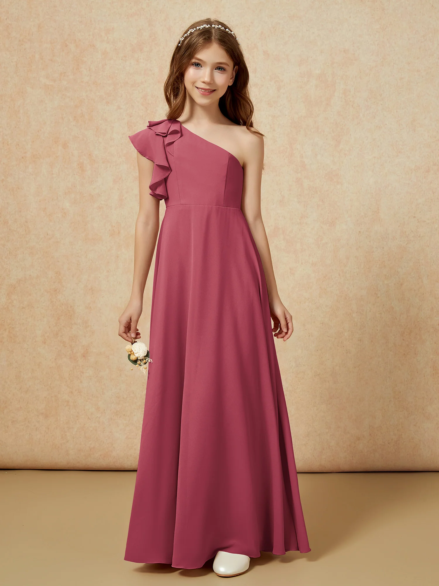 One Shoulder Flutter Sleeves Junior Bridesmaid Dresses Cinnamon Rose