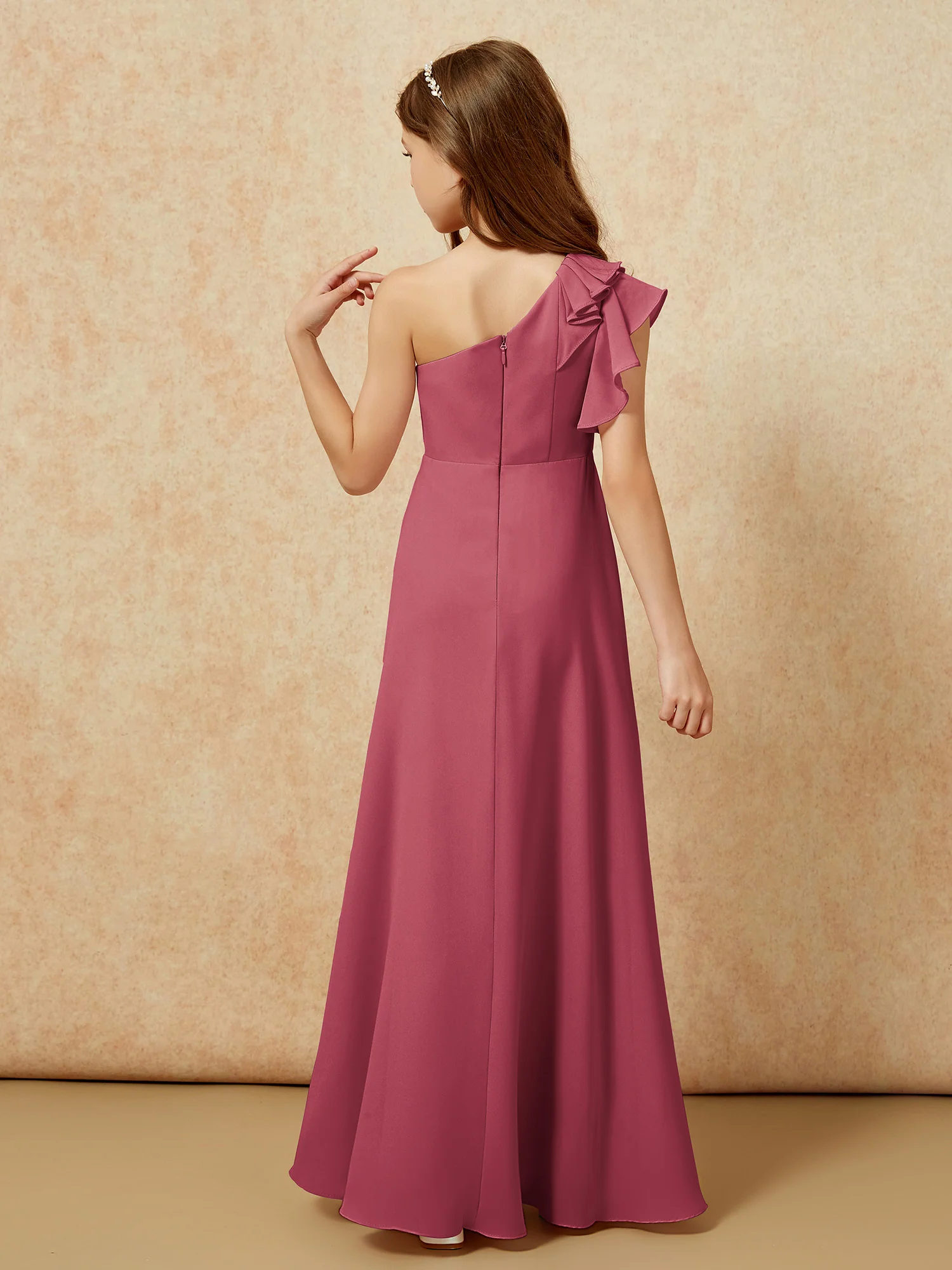 One Shoulder Flutter Sleeves Junior Bridesmaid Dresses Cinnamon Rose - Image 2