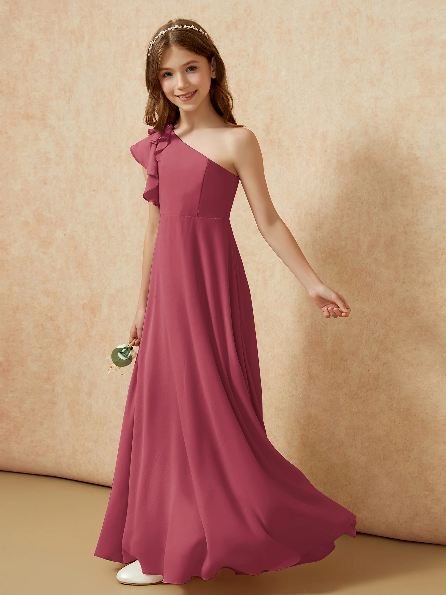 One Shoulder Flutter Sleeves Junior Bridesmaid Dresses Cinnamon Rose - Image 3