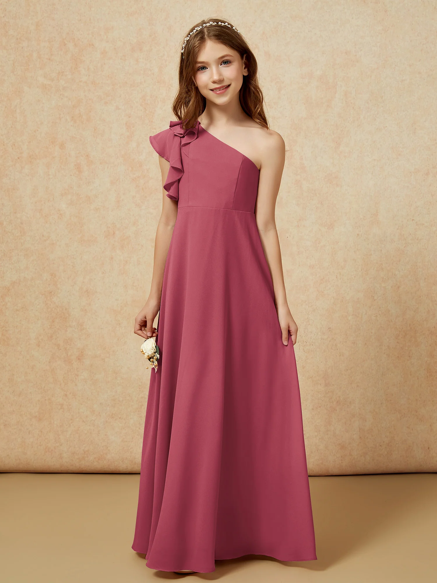 One Shoulder Flutter Sleeves Junior Bridesmaid Dresses Cinnamon Rose - Image 4