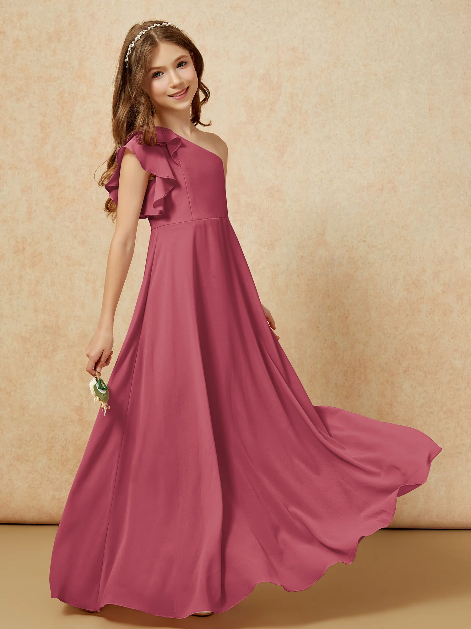 One Shoulder Flutter Sleeves Junior Bridesmaid Dresses Cinnamon Rose - Image 6