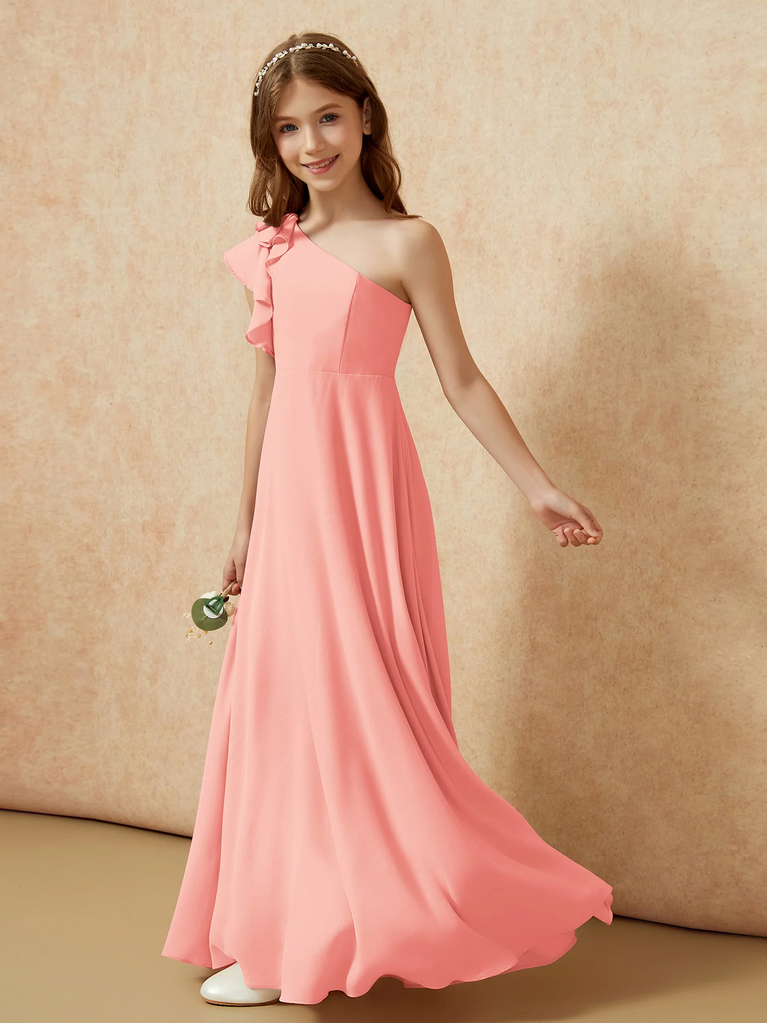 One Shoulder Flutter Sleeves Junior Bridesmaid Dresses Coral - Image 3