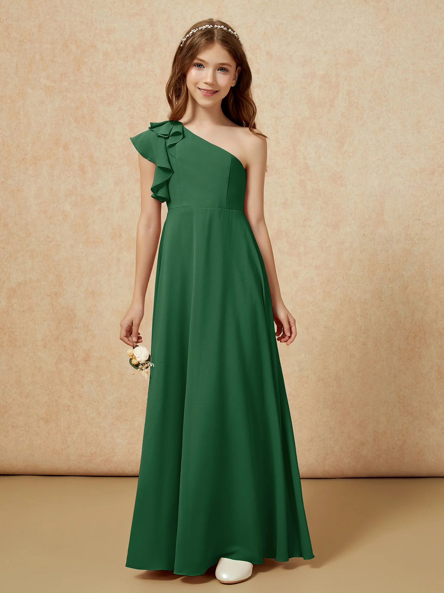 One Shoulder Flutter Sleeves Junior Bridesmaid Dresses Dark Green