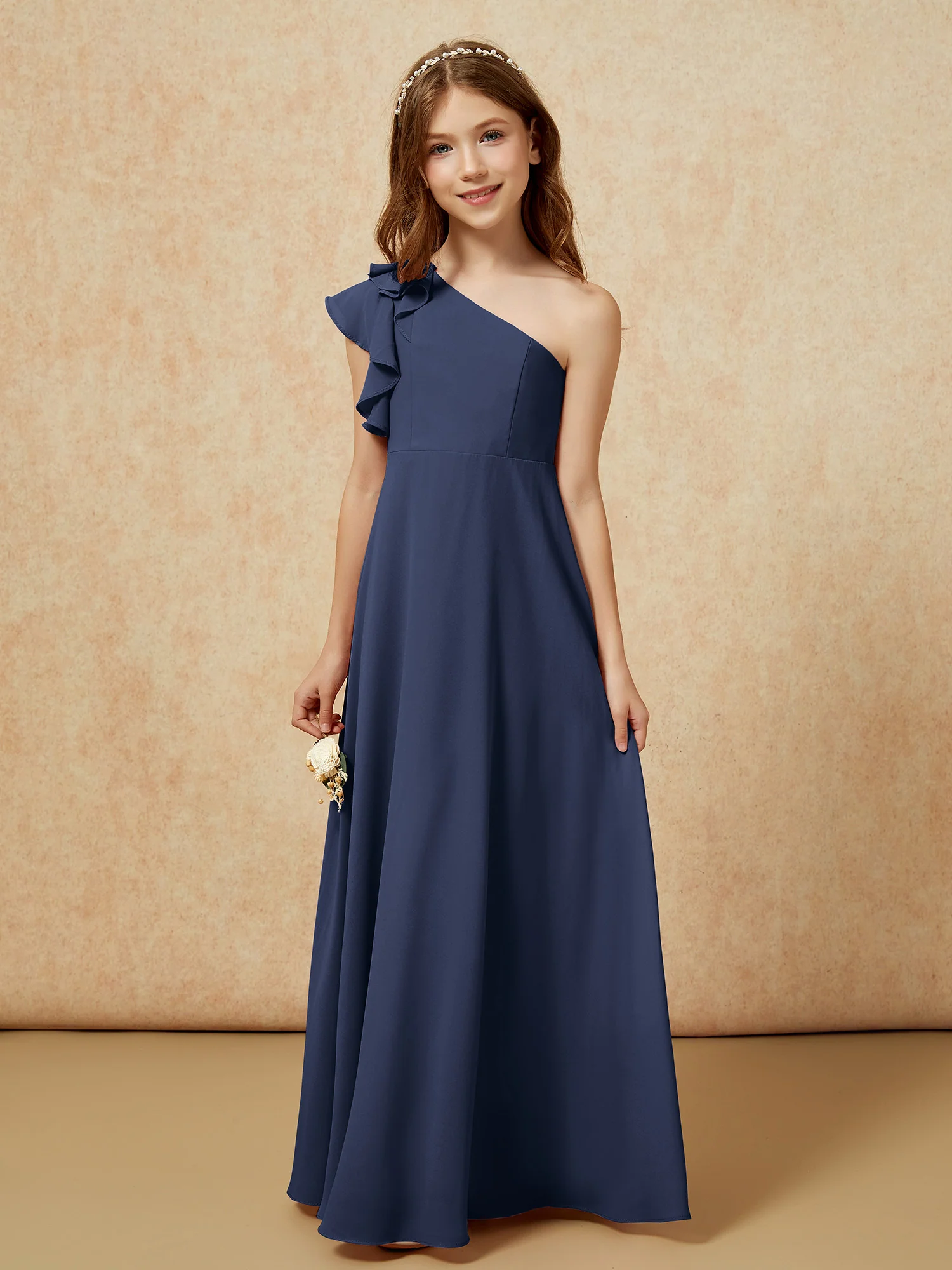 One Shoulder Flutter Sleeves Junior Bridesmaid Dresses Dark Navy - Image 4