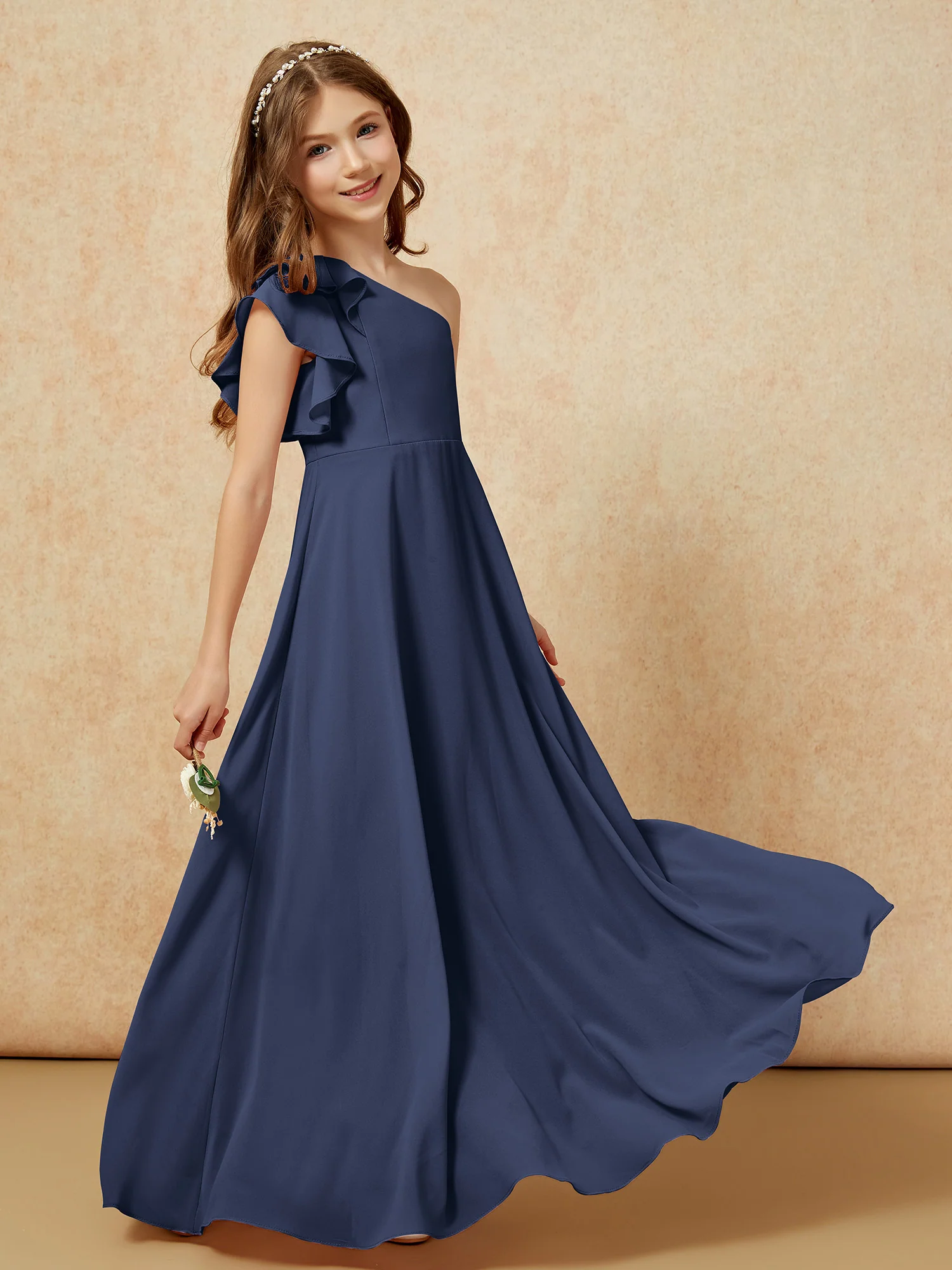 One Shoulder Flutter Sleeves Junior Bridesmaid Dresses Dark Navy - Image 6