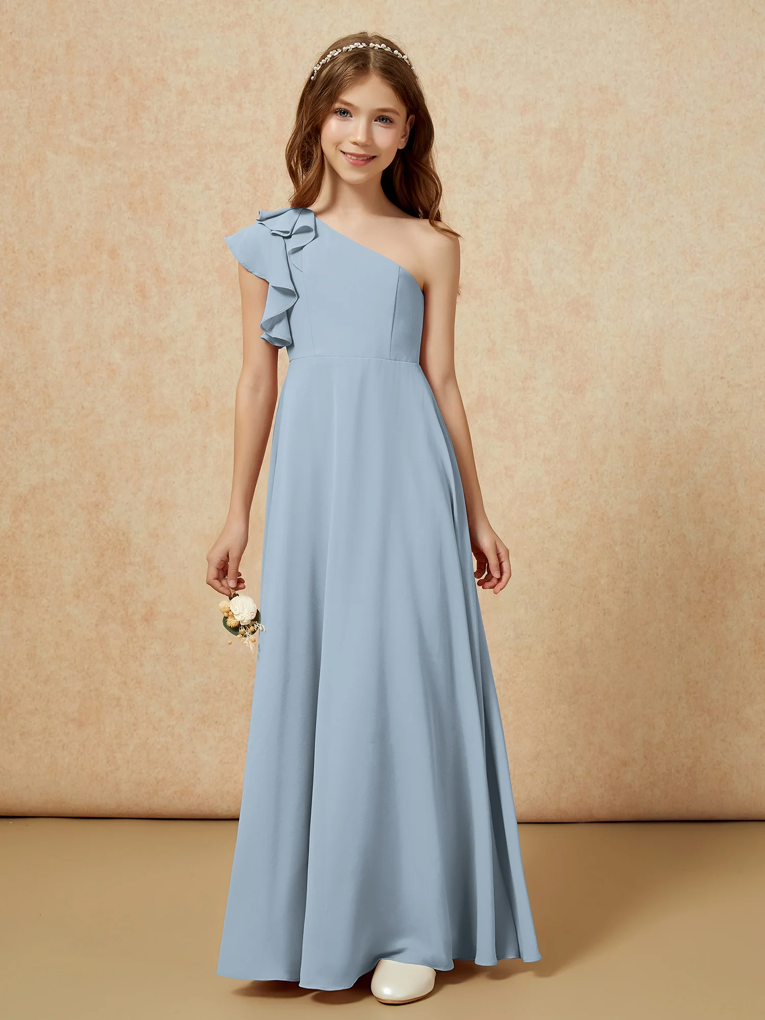 One Shoulder Flutter Sleeves Junior Bridesmaid Dresses Dusty Blue