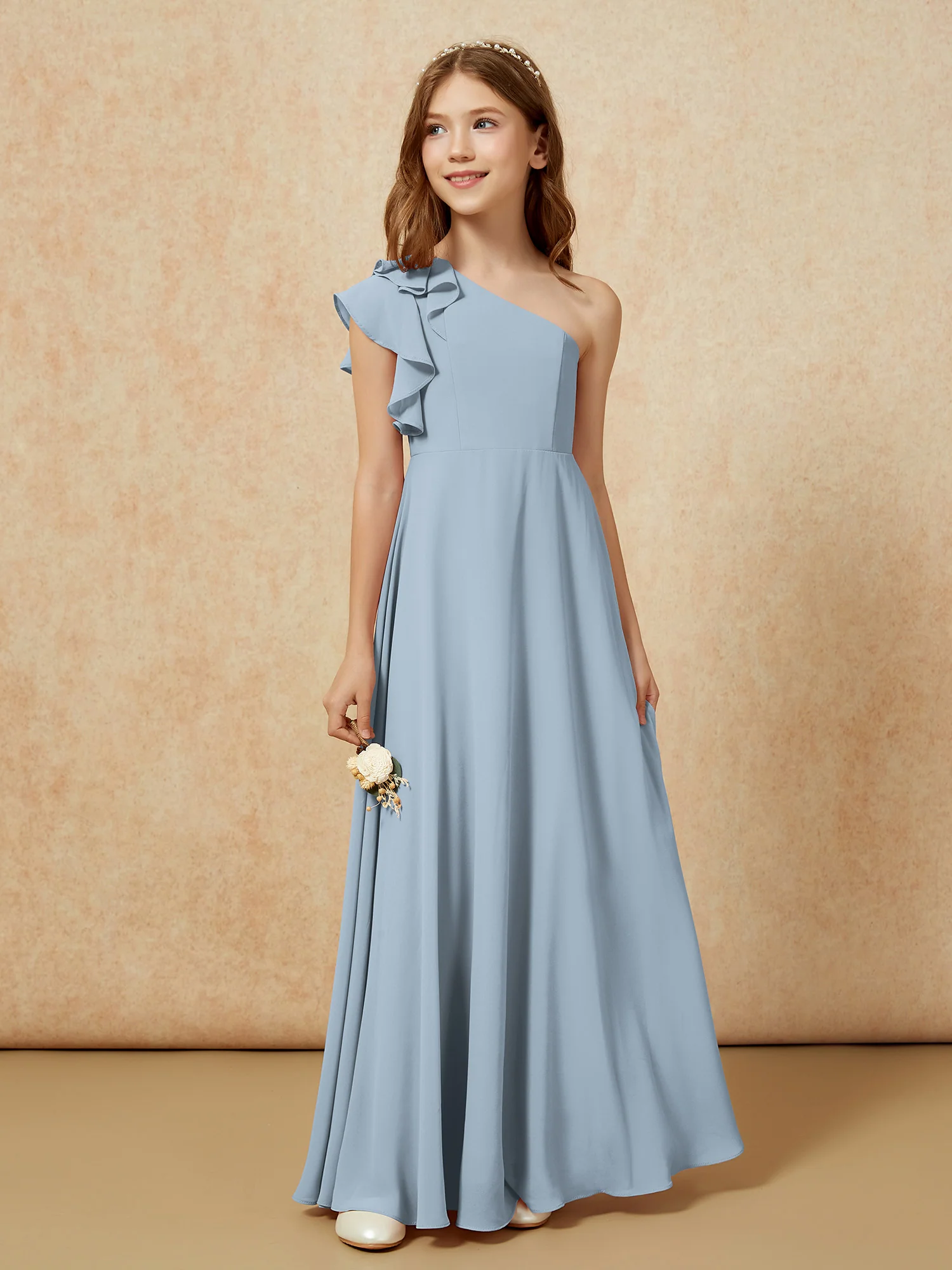 One Shoulder Flutter Sleeves Junior Bridesmaid Dresses Dusty Blue - Image 5