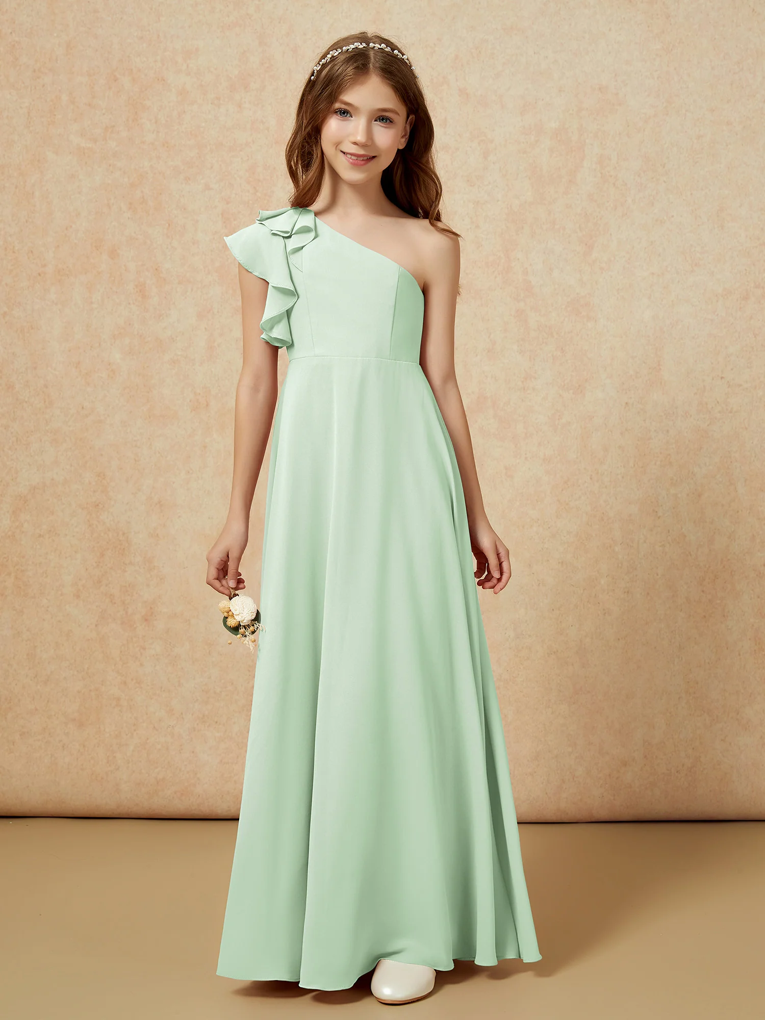 One Shoulder Flutter Sleeves Junior Bridesmaid Dresses Dusty Sage
