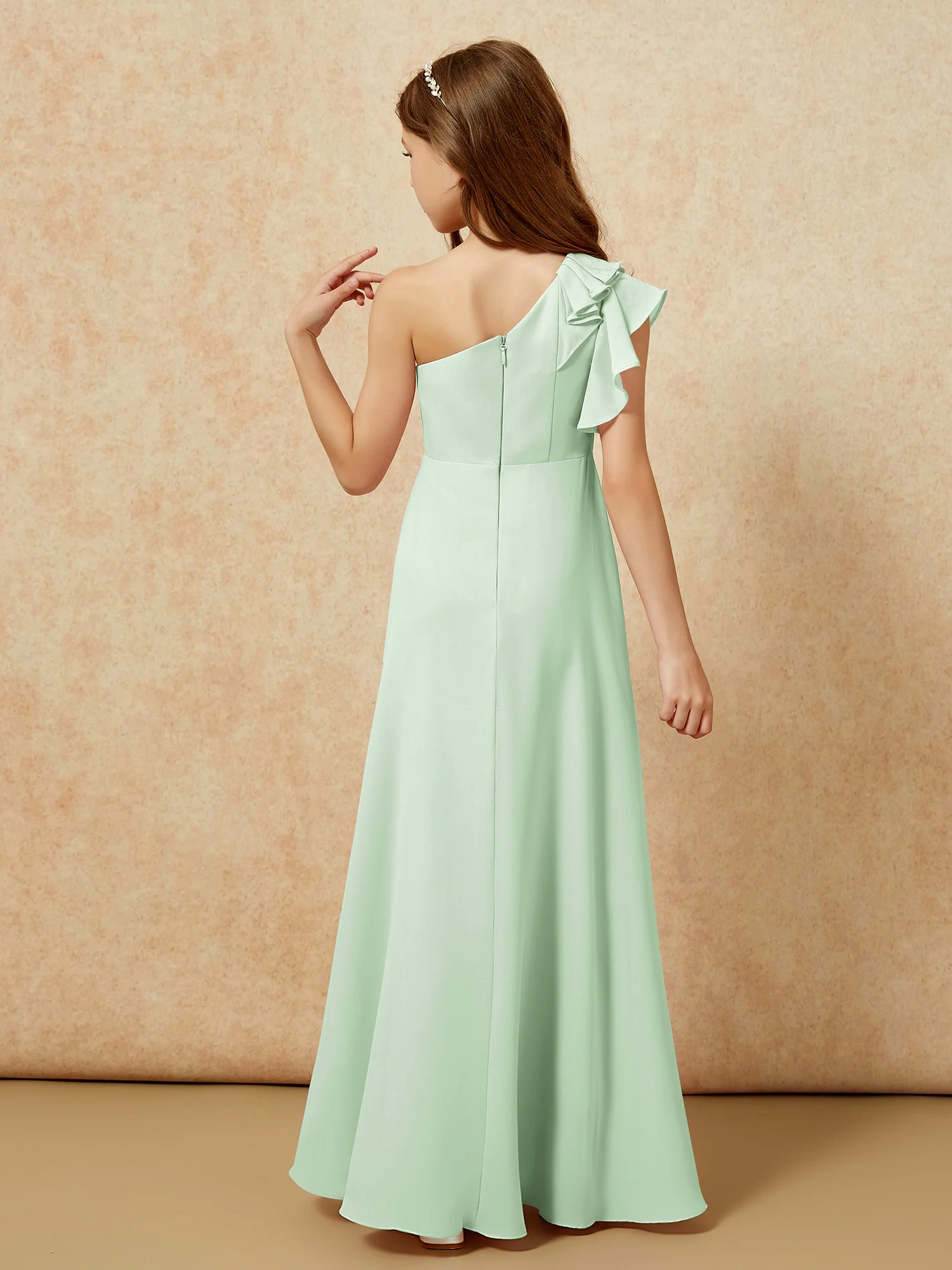 One Shoulder Flutter Sleeves Junior Bridesmaid Dresses Dusty Sage - Image 2