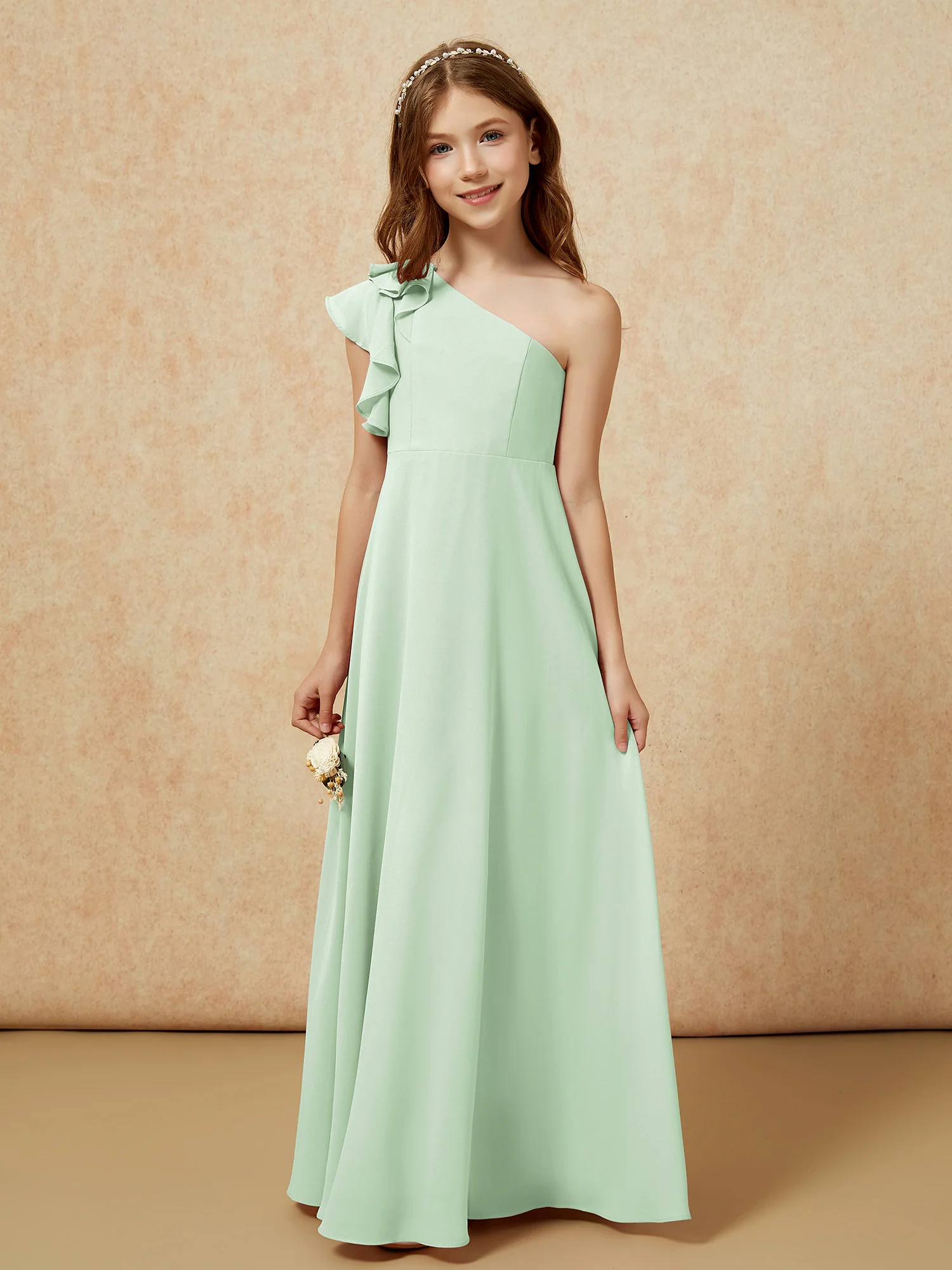 One Shoulder Flutter Sleeves Junior Bridesmaid Dresses Dusty Sage - Image 4