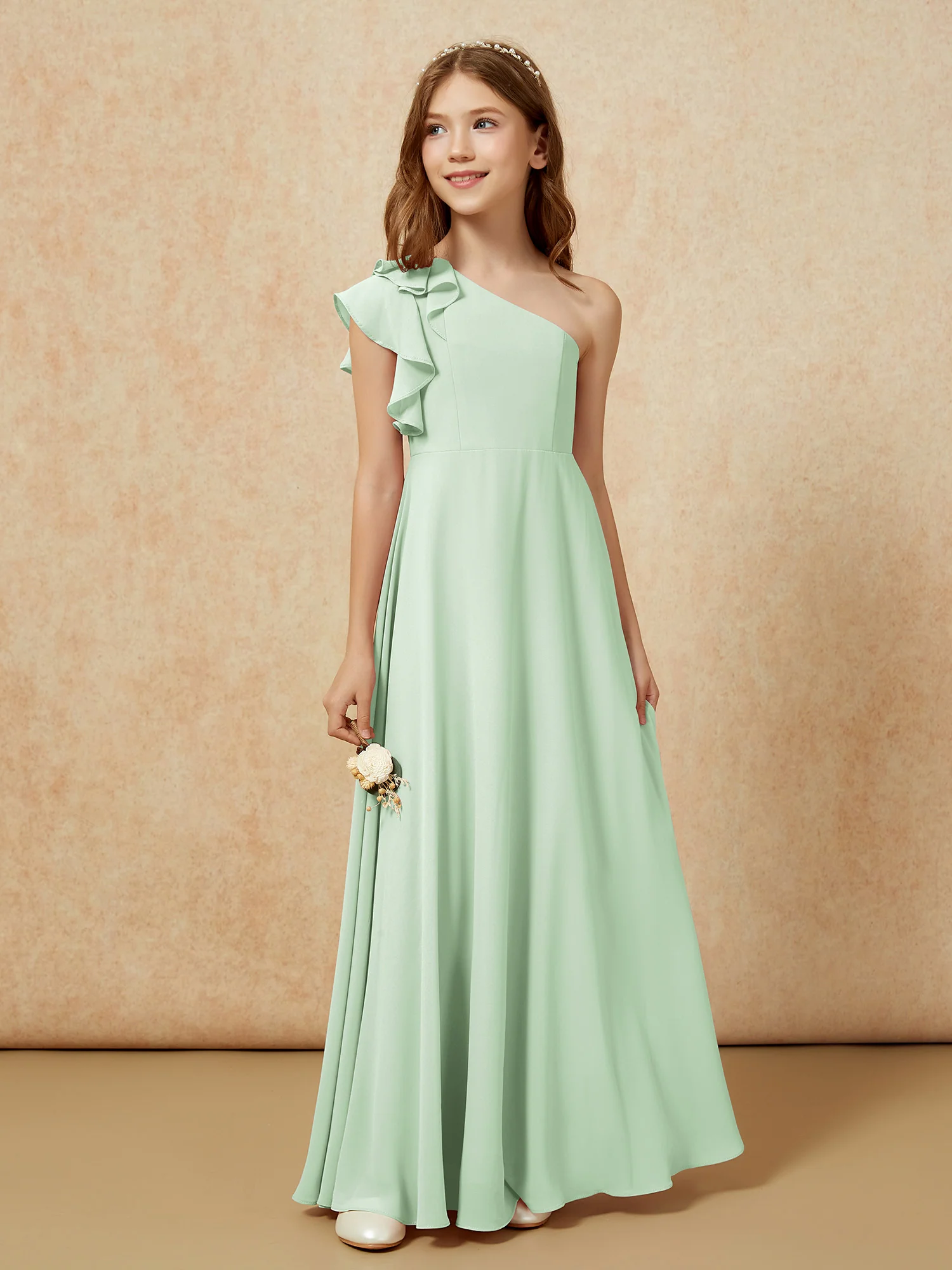 One Shoulder Flutter Sleeves Junior Bridesmaid Dresses Dusty Sage - Image 5