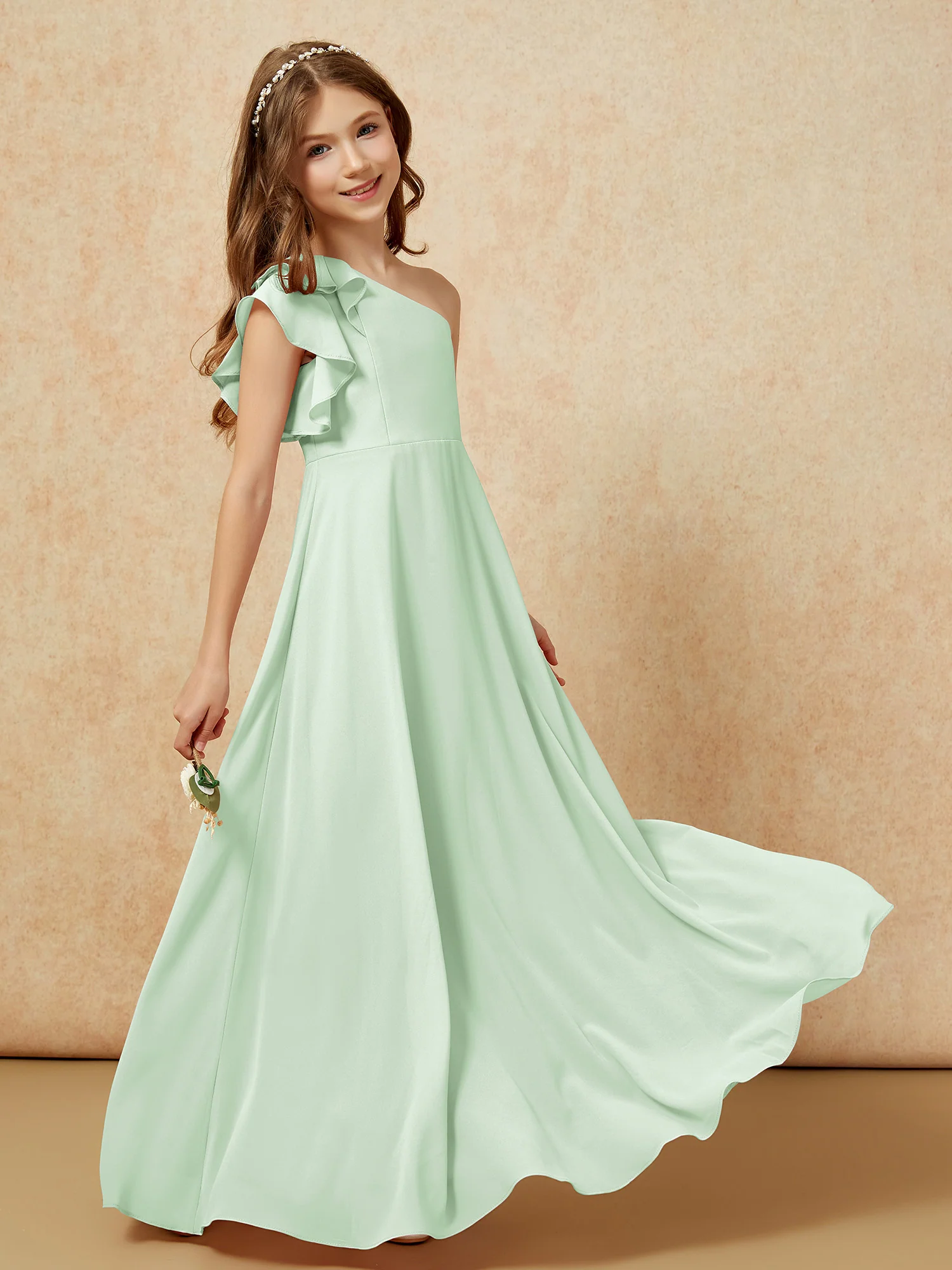 One Shoulder Flutter Sleeves Junior Bridesmaid Dresses Dusty Sage - Image 6