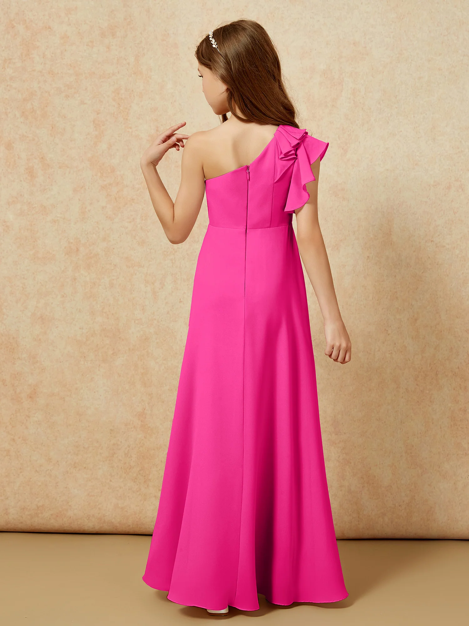 One Shoulder Flutter Sleeves Junior Bridesmaid Dresses Fuchsia - Image 2