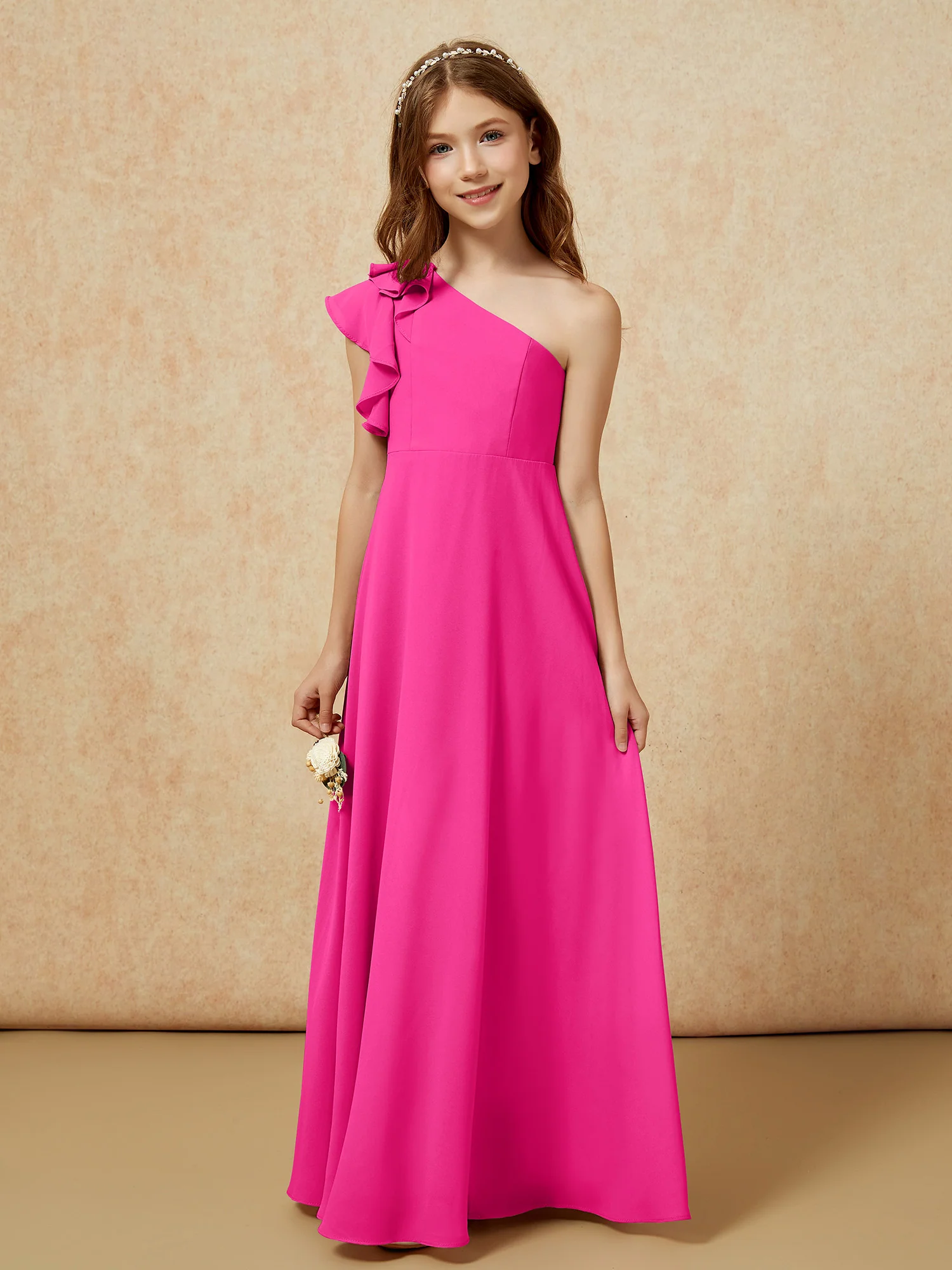 One Shoulder Flutter Sleeves Junior Bridesmaid Dresses Fuchsia - Image 4