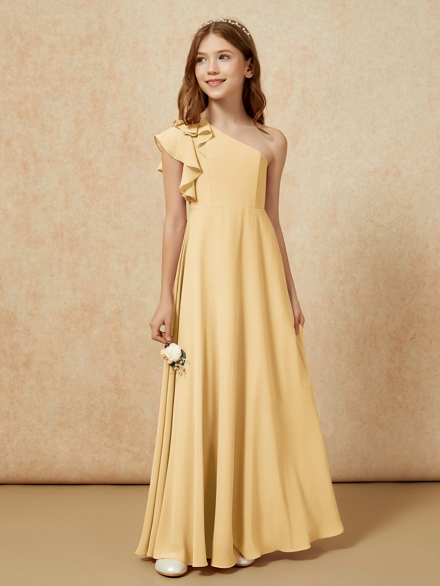 One Shoulder Flutter Sleeves Junior Bridesmaid Dresses Gold - Image 5