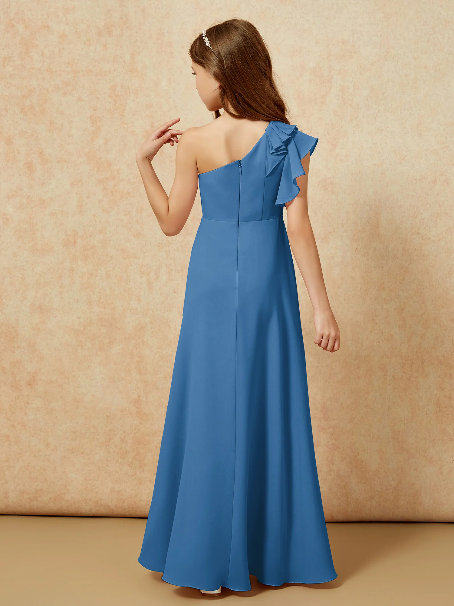 One Shoulder Flutter Sleeves Junior Bridesmaid Dresses Ink Blue - Image 2