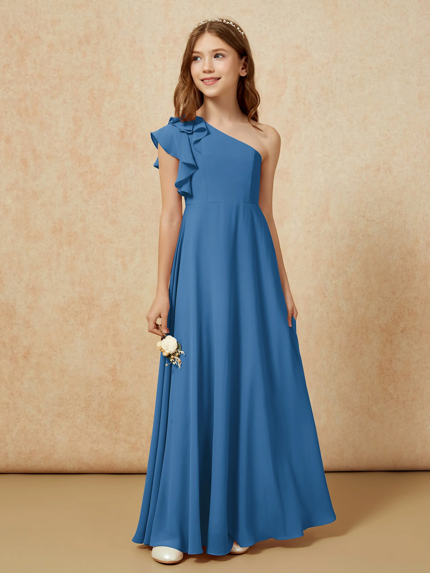 One Shoulder Flutter Sleeves Junior Bridesmaid Dresses Ink Blue - Image 5
