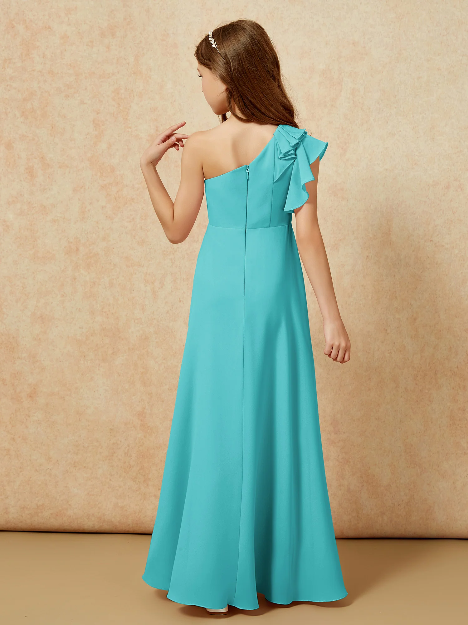 One Shoulder Flutter Sleeves Junior Bridesmaid Dresses Jade - Image 2