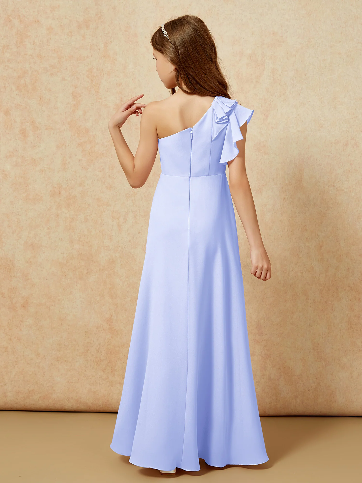 One Shoulder Flutter Sleeves Junior Bridesmaid Dresses Lavender - Image 2