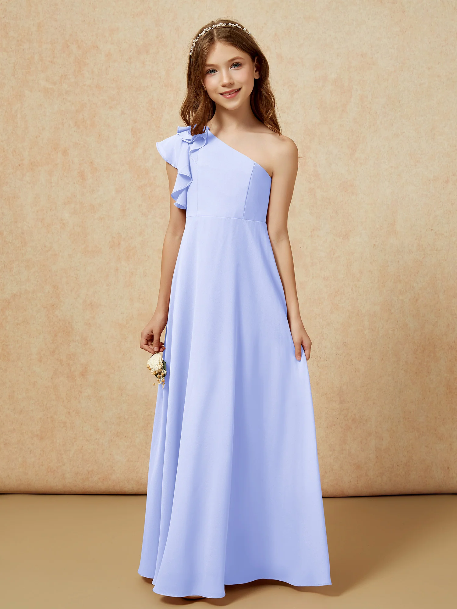 One Shoulder Flutter Sleeves Junior Bridesmaid Dresses Lavender - Image 4