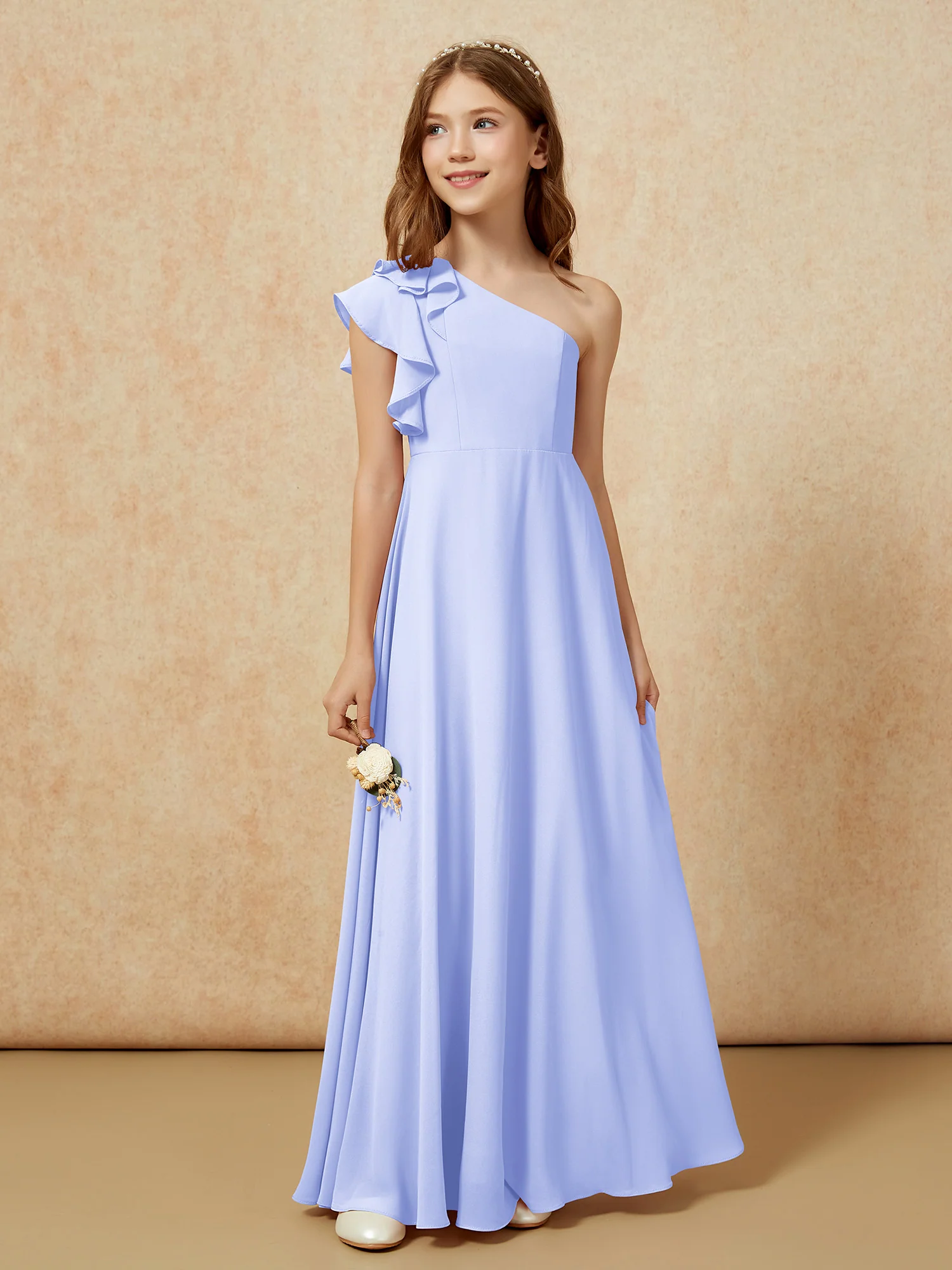 One Shoulder Flutter Sleeves Junior Bridesmaid Dresses Lavender - Image 5