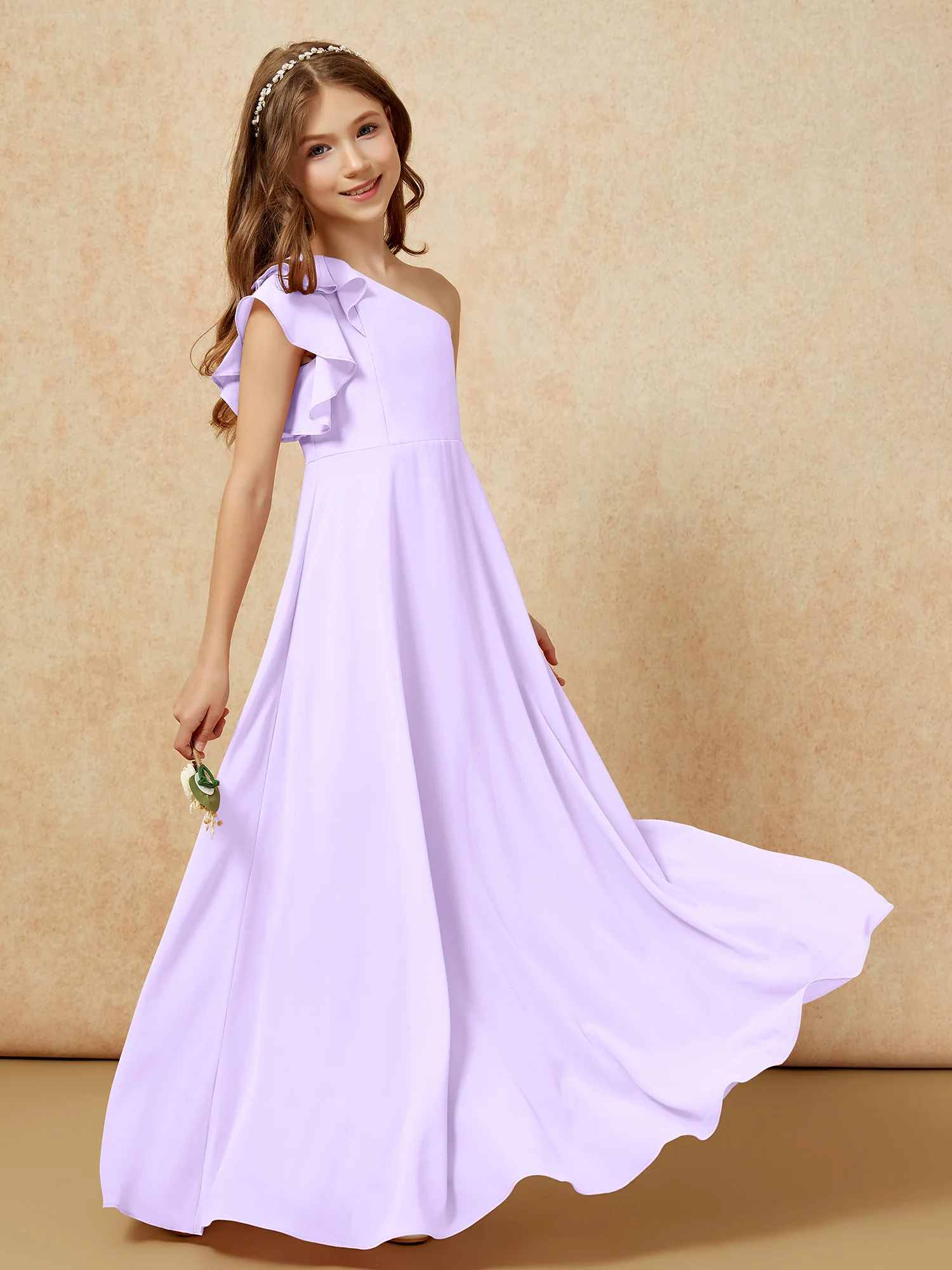 One Shoulder Flutter Sleeves Junior Bridesmaid Dresses Lilac - Image 6