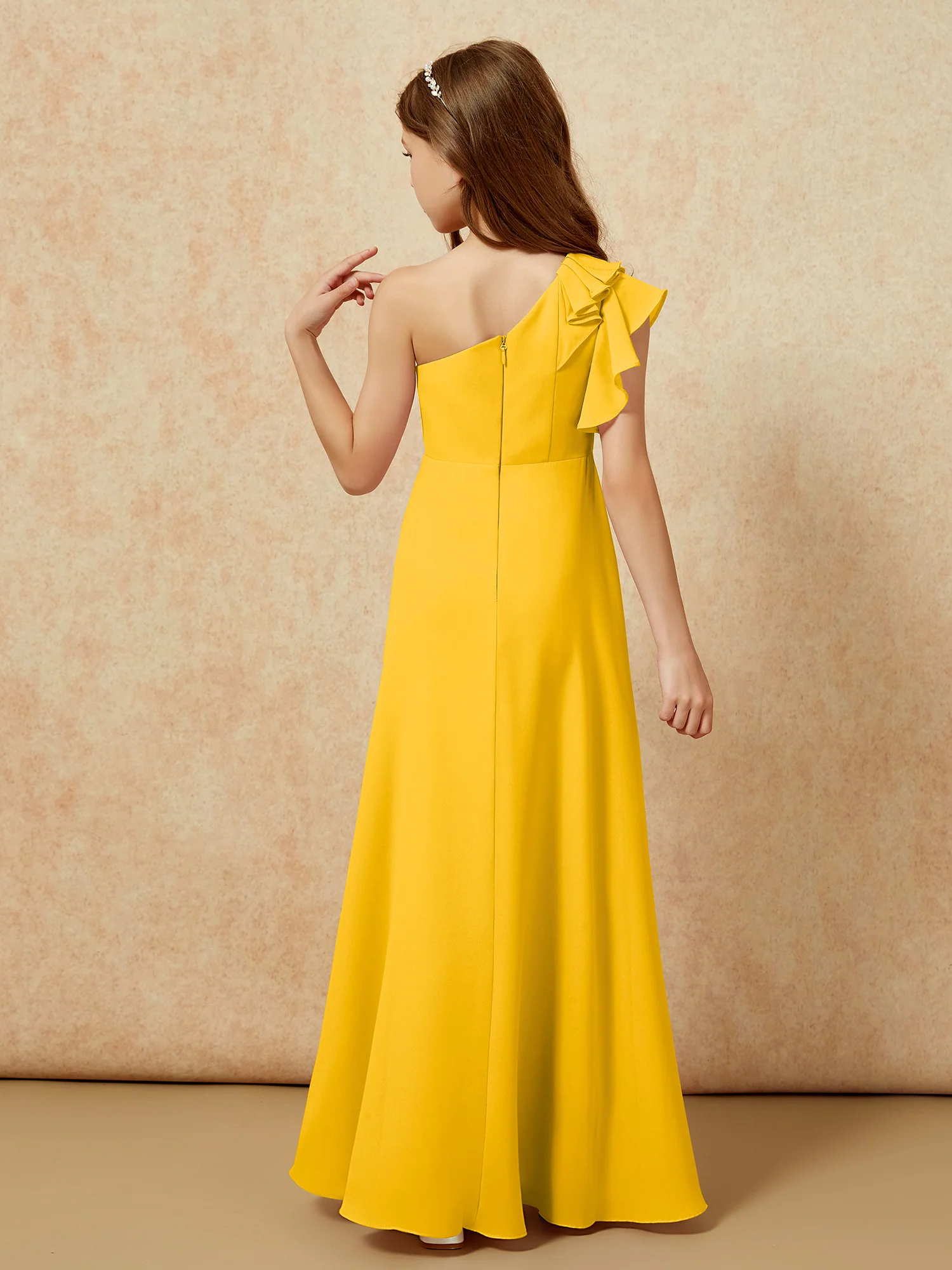 One Shoulder Flutter Sleeves Junior Bridesmaid Dresses Marigold - Image 2