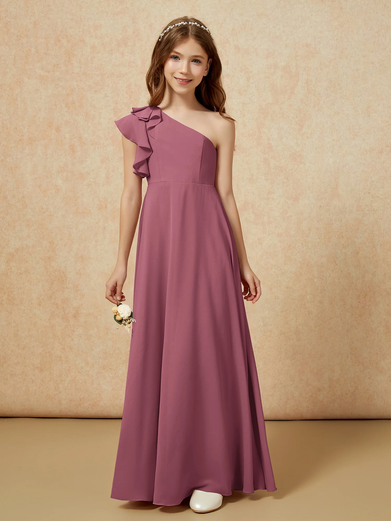 One Shoulder Flutter Sleeves Junior Bridesmaid Dresses Mulberry