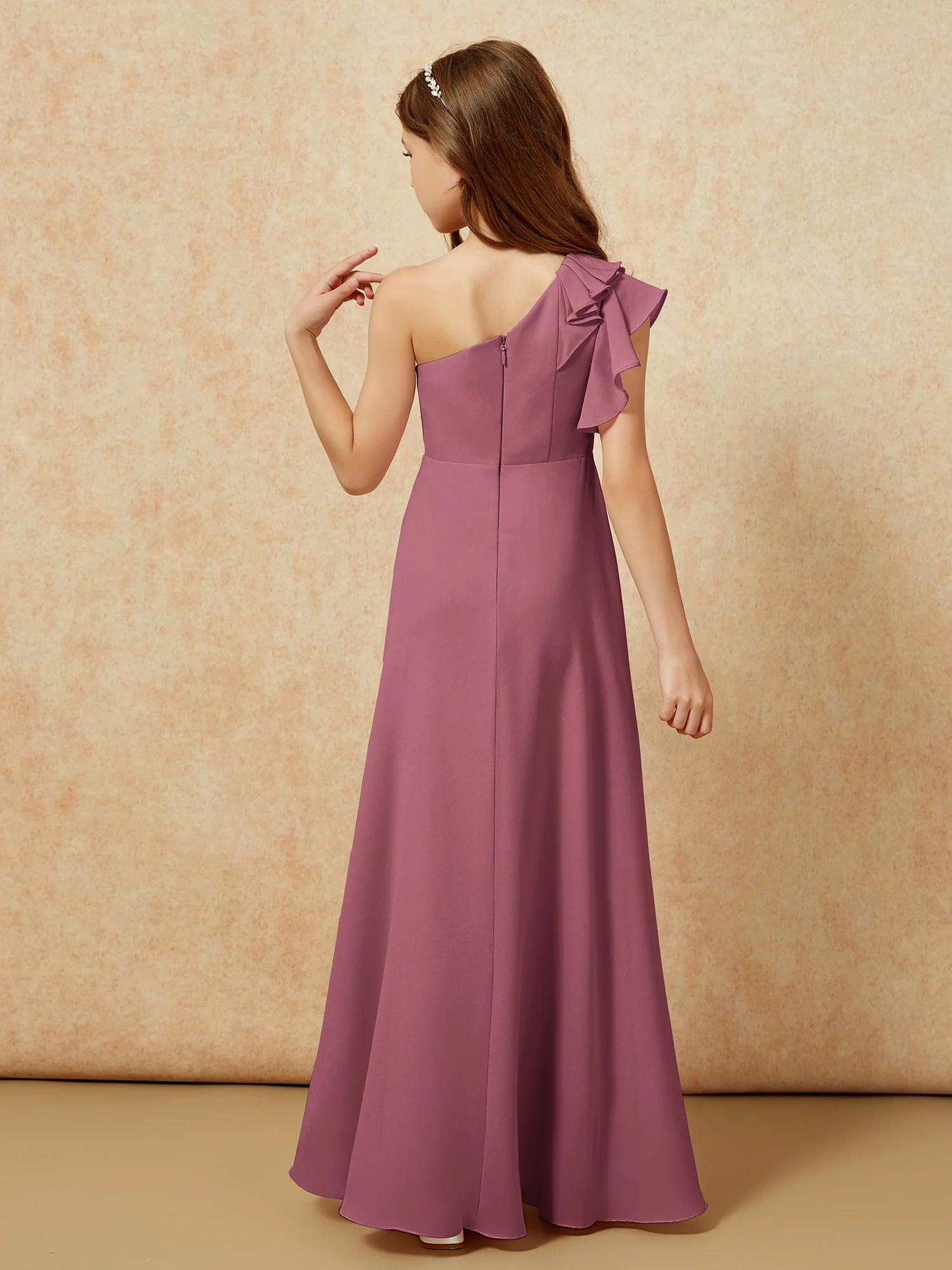 One Shoulder Flutter Sleeves Junior Bridesmaid Dresses Mulberry - Image 2