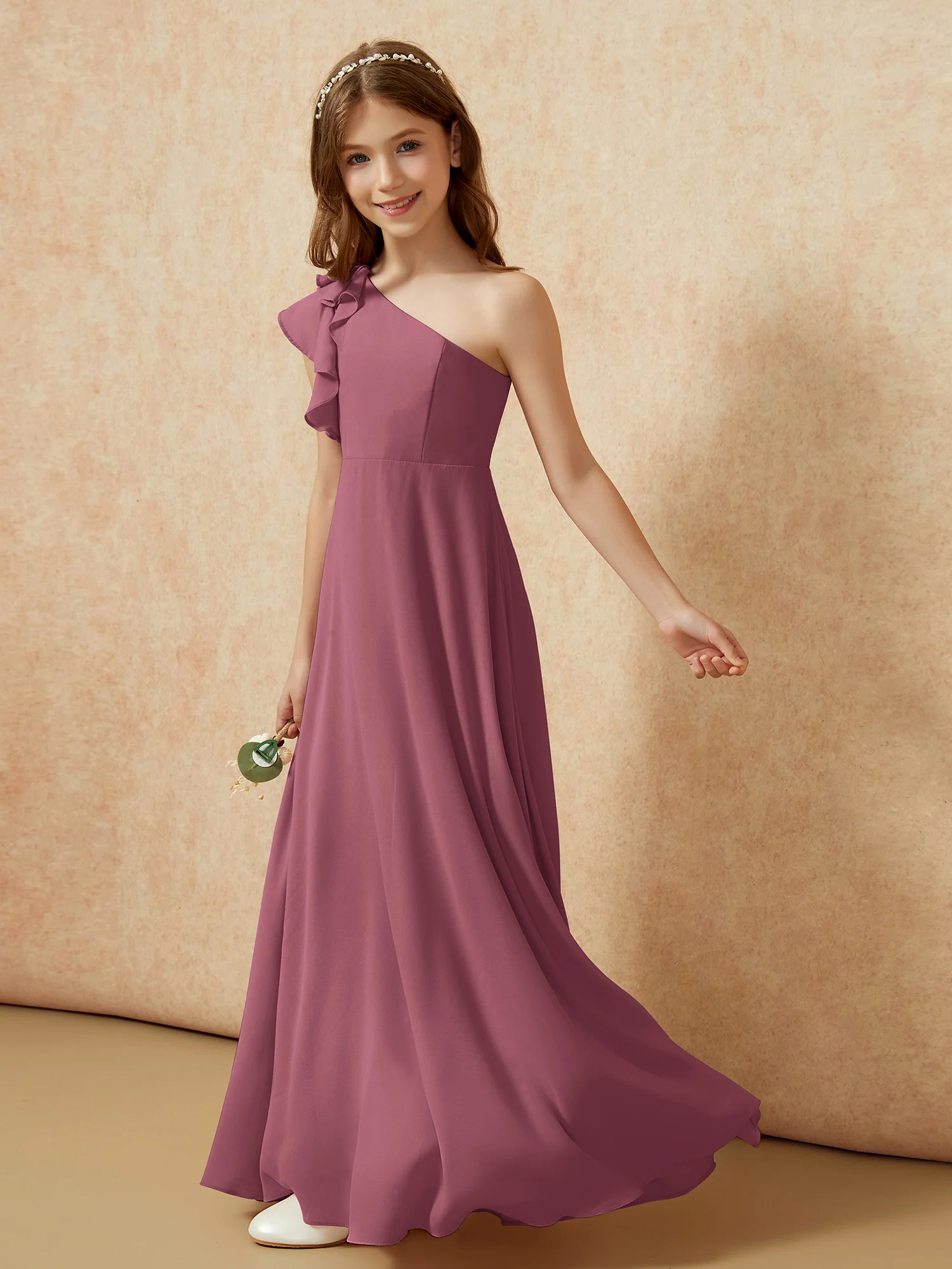 One Shoulder Flutter Sleeves Junior Bridesmaid Dresses Mulberry - Image 3