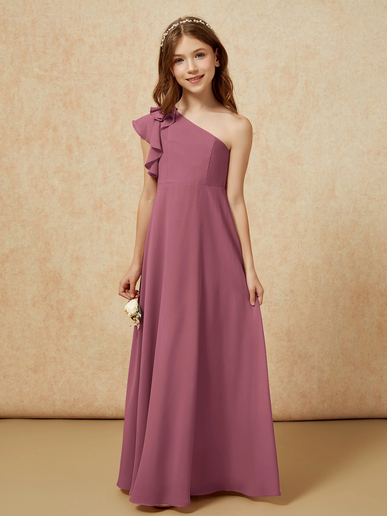 One Shoulder Flutter Sleeves Junior Bridesmaid Dresses Mulberry - Image 4