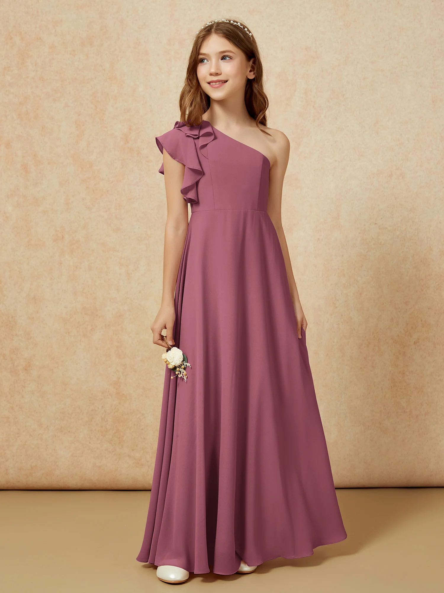One Shoulder Flutter Sleeves Junior Bridesmaid Dresses Mulberry - Image 5