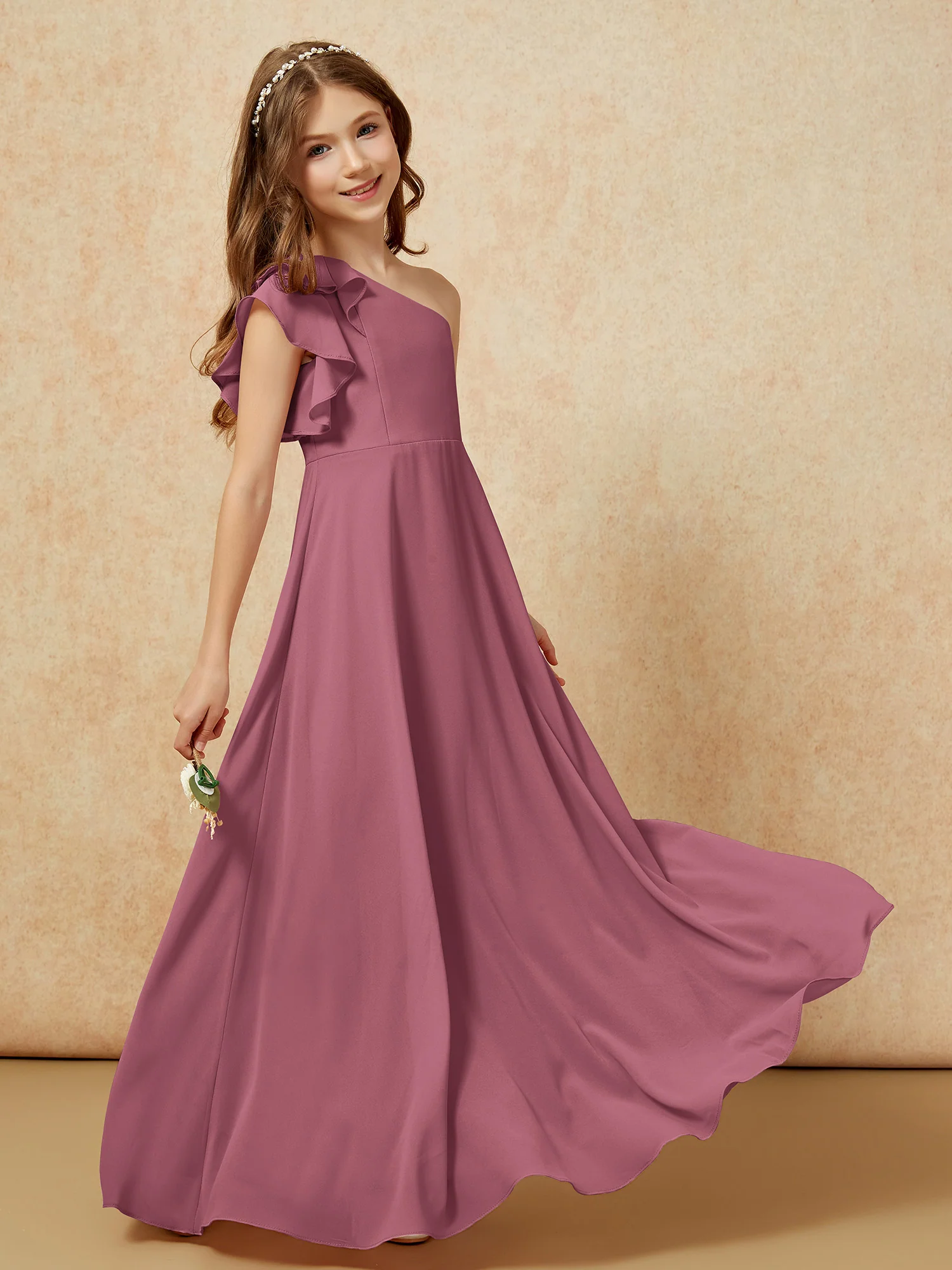 One Shoulder Flutter Sleeves Junior Bridesmaid Dresses Mulberry - Image 6