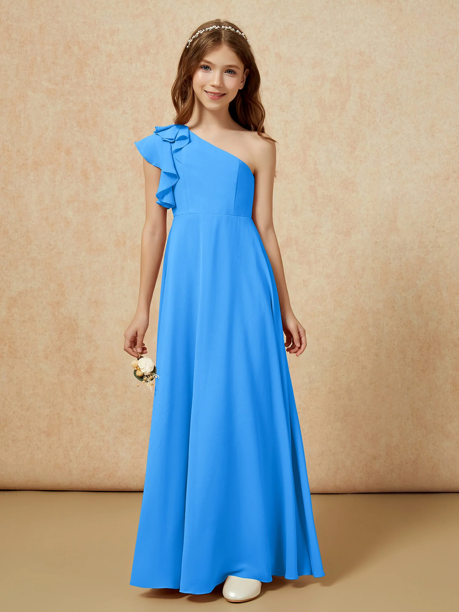 One Shoulder Flutter Sleeves Junior Bridesmaid Dresses Ocean Blue