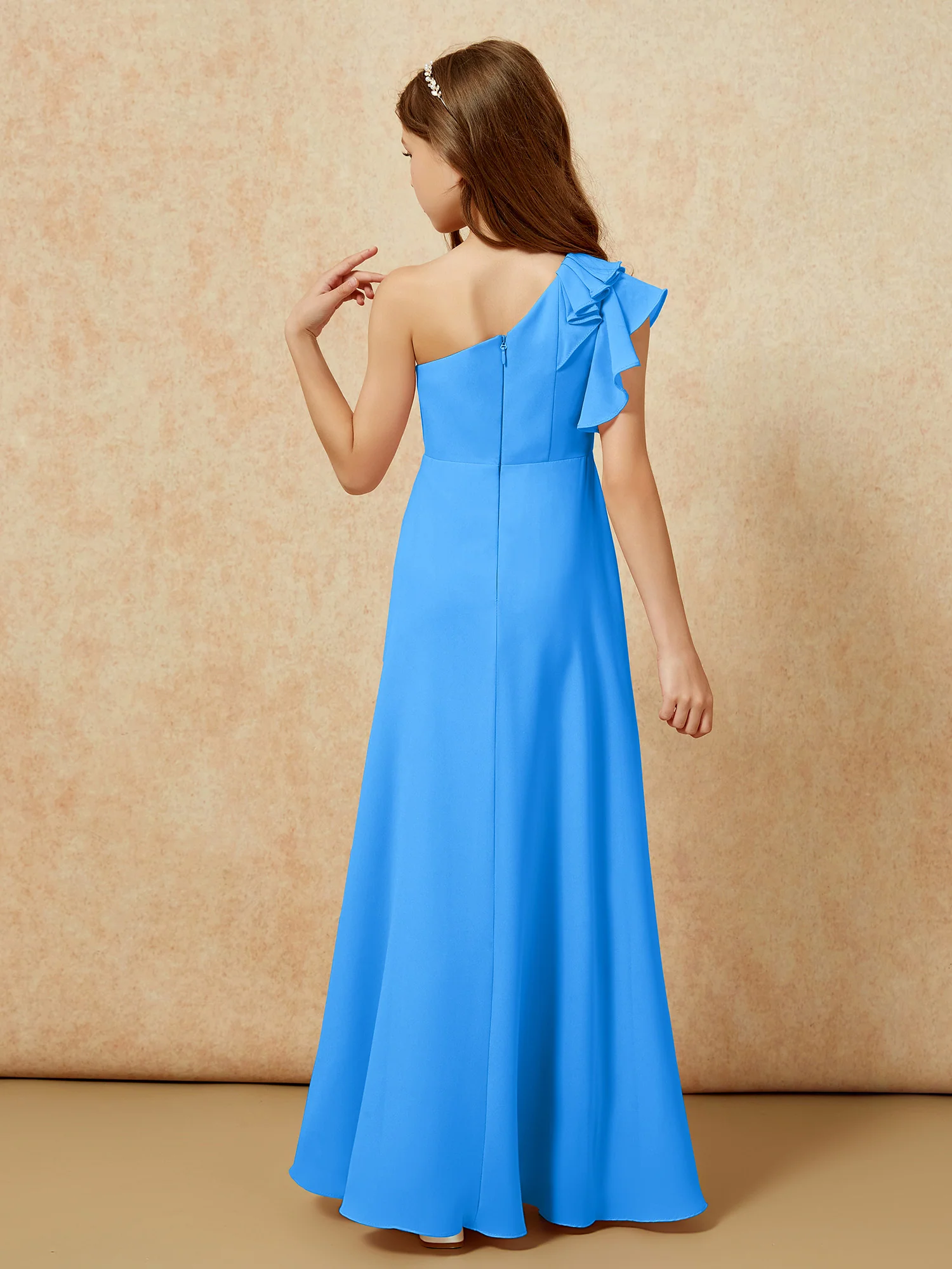 One Shoulder Flutter Sleeves Junior Bridesmaid Dresses Ocean Blue - Image 2