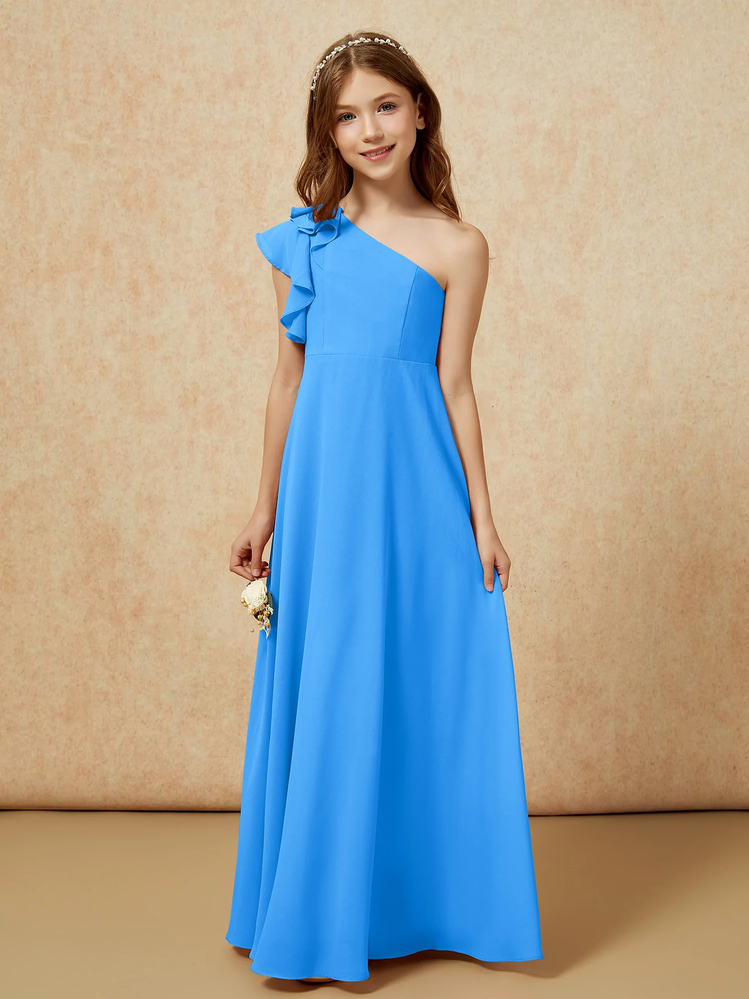One Shoulder Flutter Sleeves Junior Bridesmaid Dresses Ocean Blue - Image 4