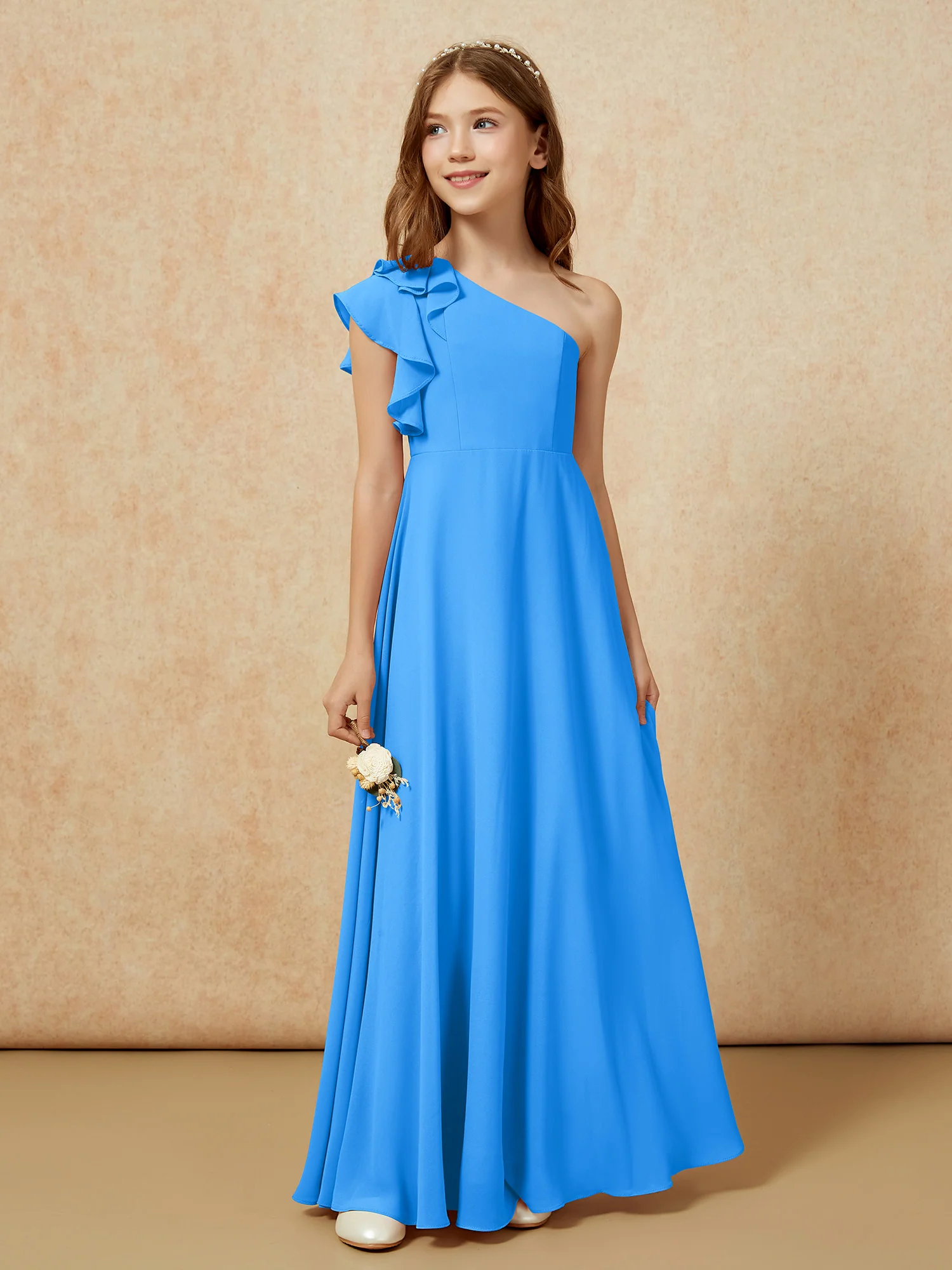 One Shoulder Flutter Sleeves Junior Bridesmaid Dresses Ocean Blue - Image 5