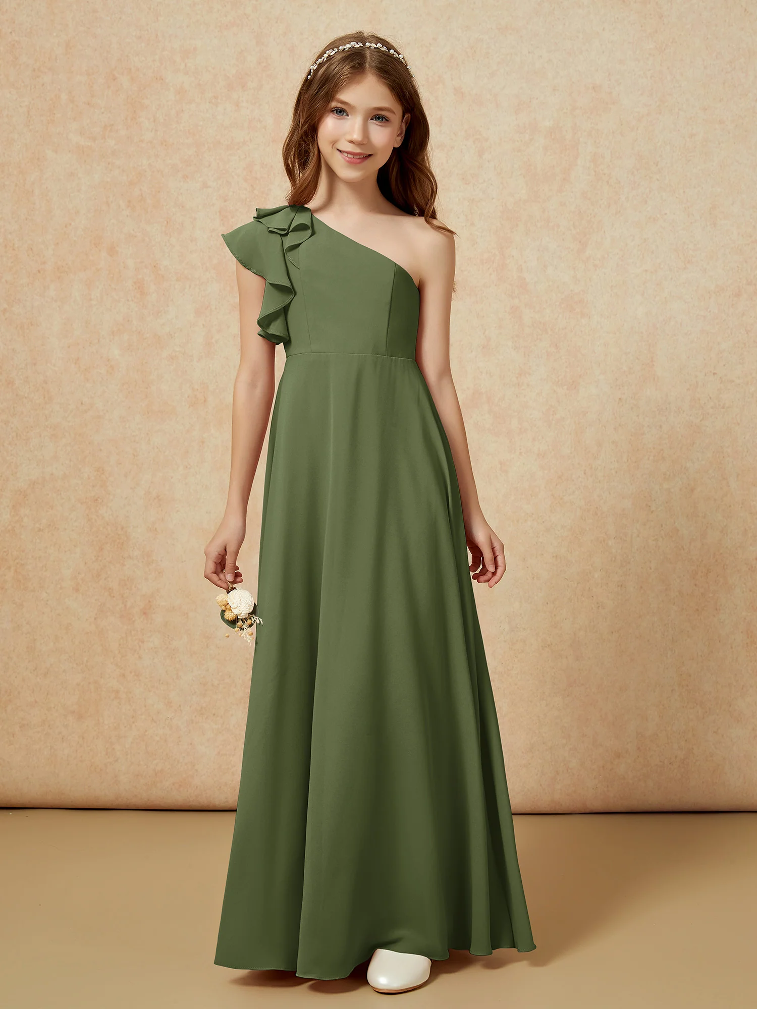 One Shoulder Flutter Sleeves Junior Bridesmaid Dresses Olive Green