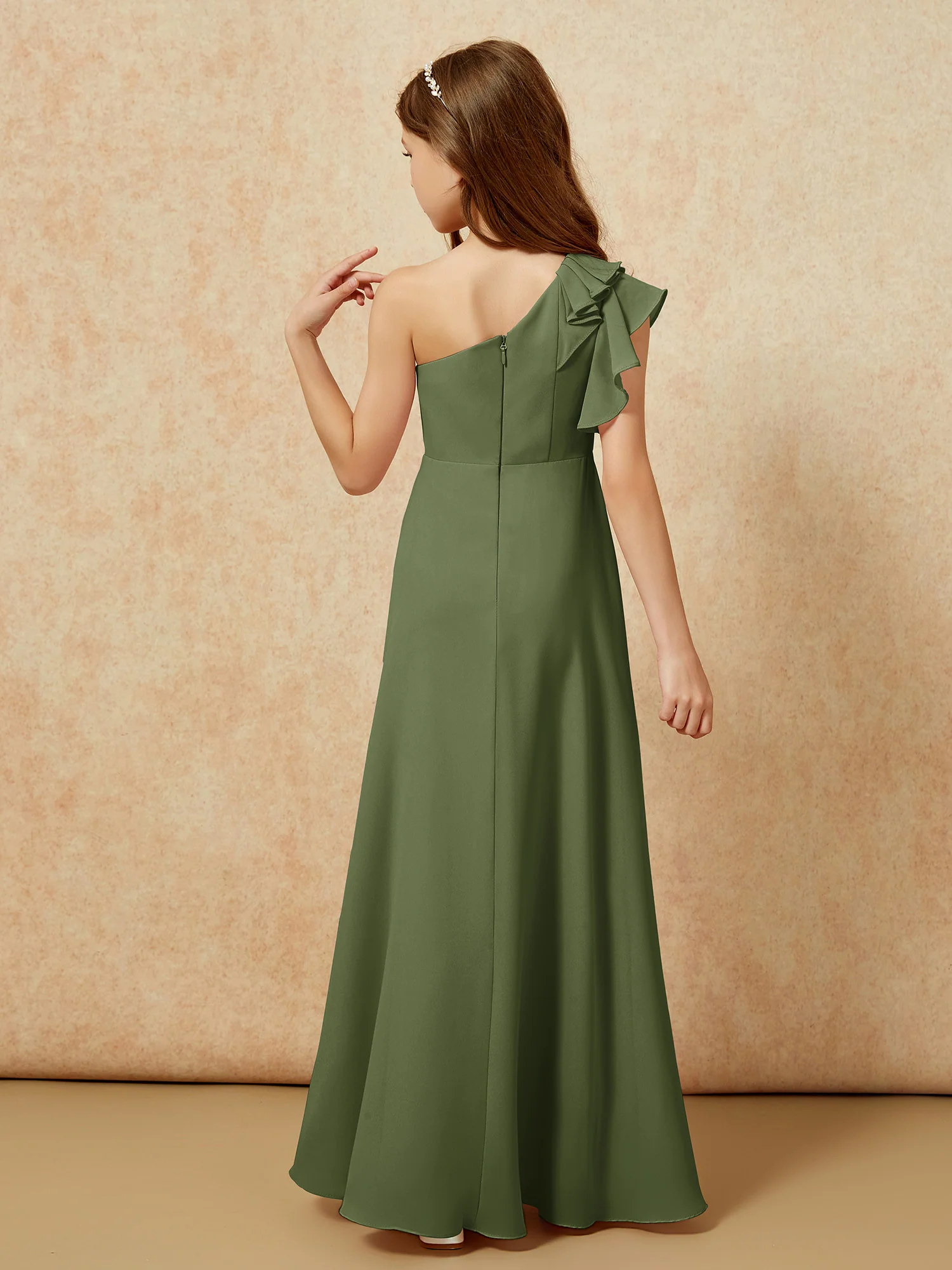 One Shoulder Flutter Sleeves Junior Bridesmaid Dresses Olive Green - Image 2