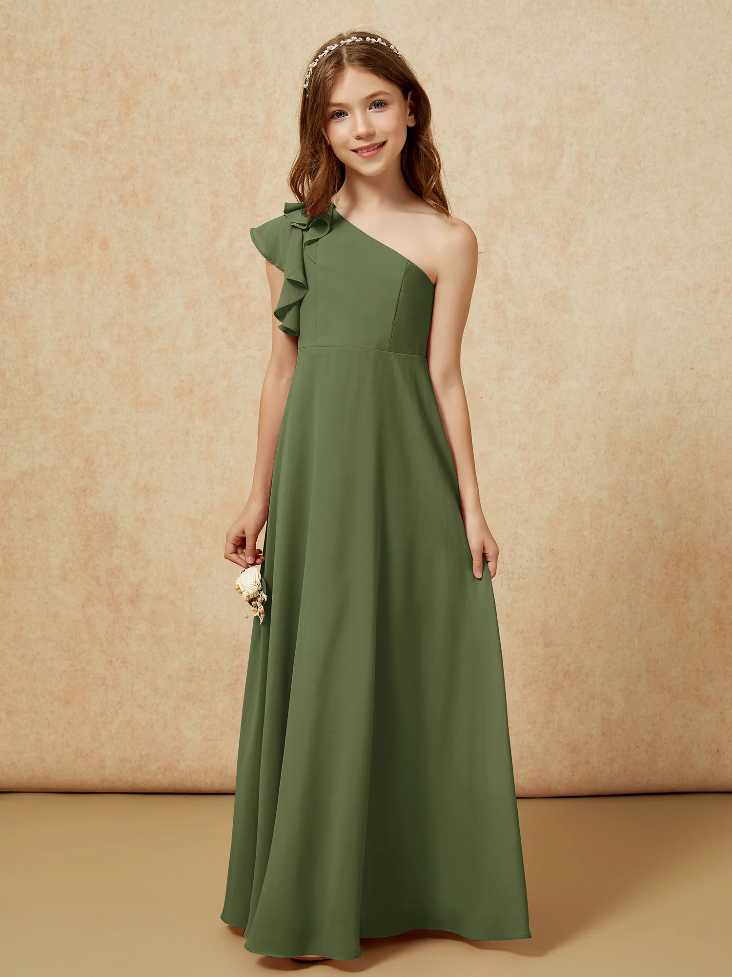 One Shoulder Flutter Sleeves Junior Bridesmaid Dresses Olive Green - Image 4