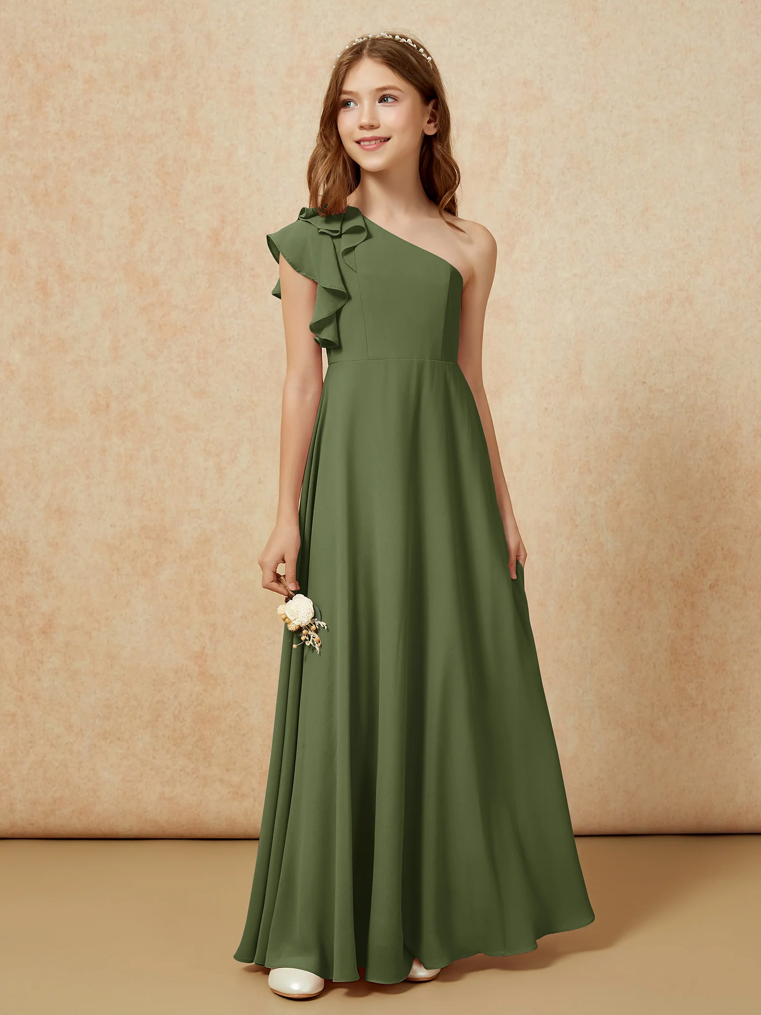 One Shoulder Flutter Sleeves Junior Bridesmaid Dresses Olive Green - Image 5