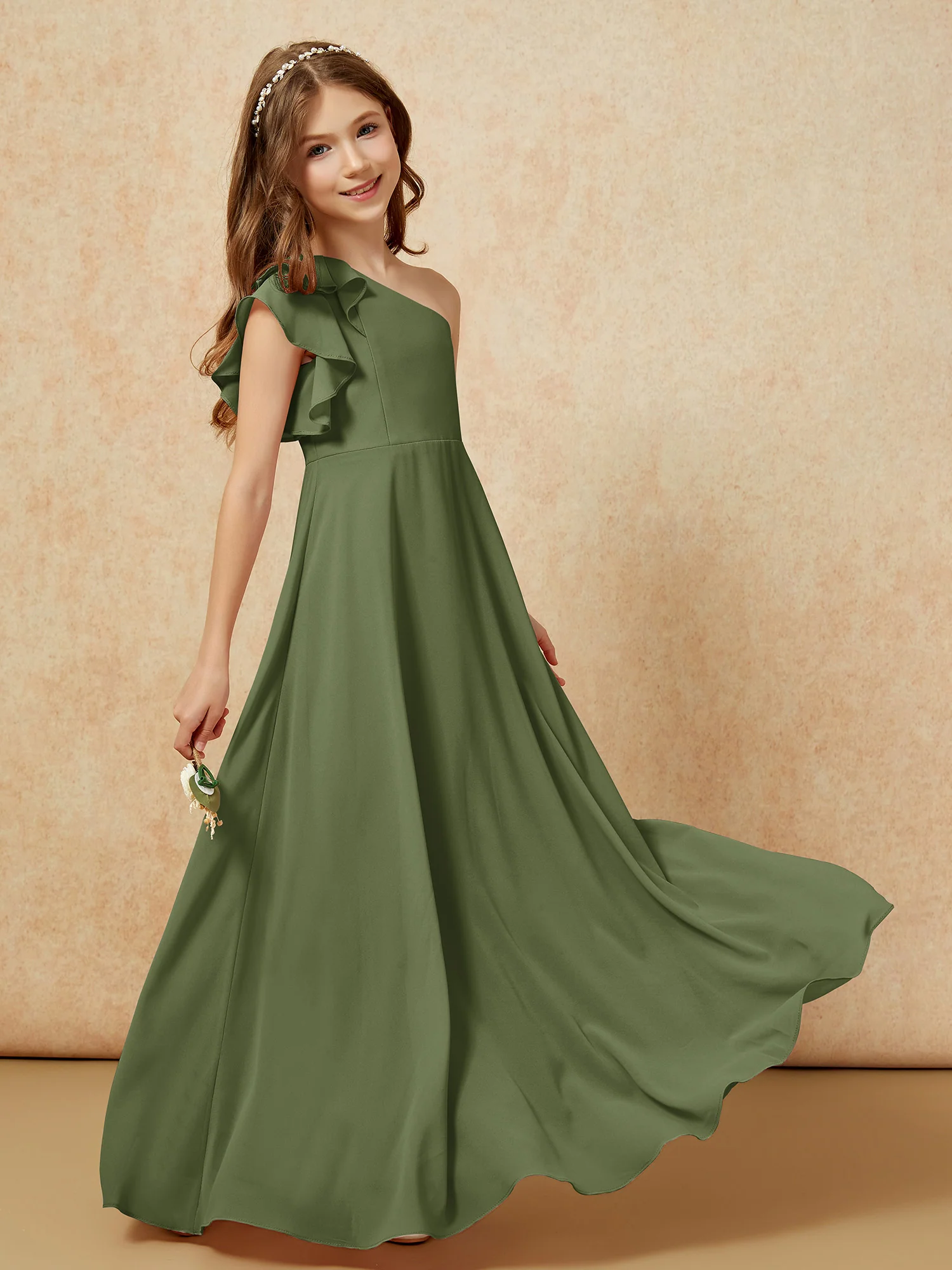 One Shoulder Flutter Sleeves Junior Bridesmaid Dresses Olive Green - Image 6