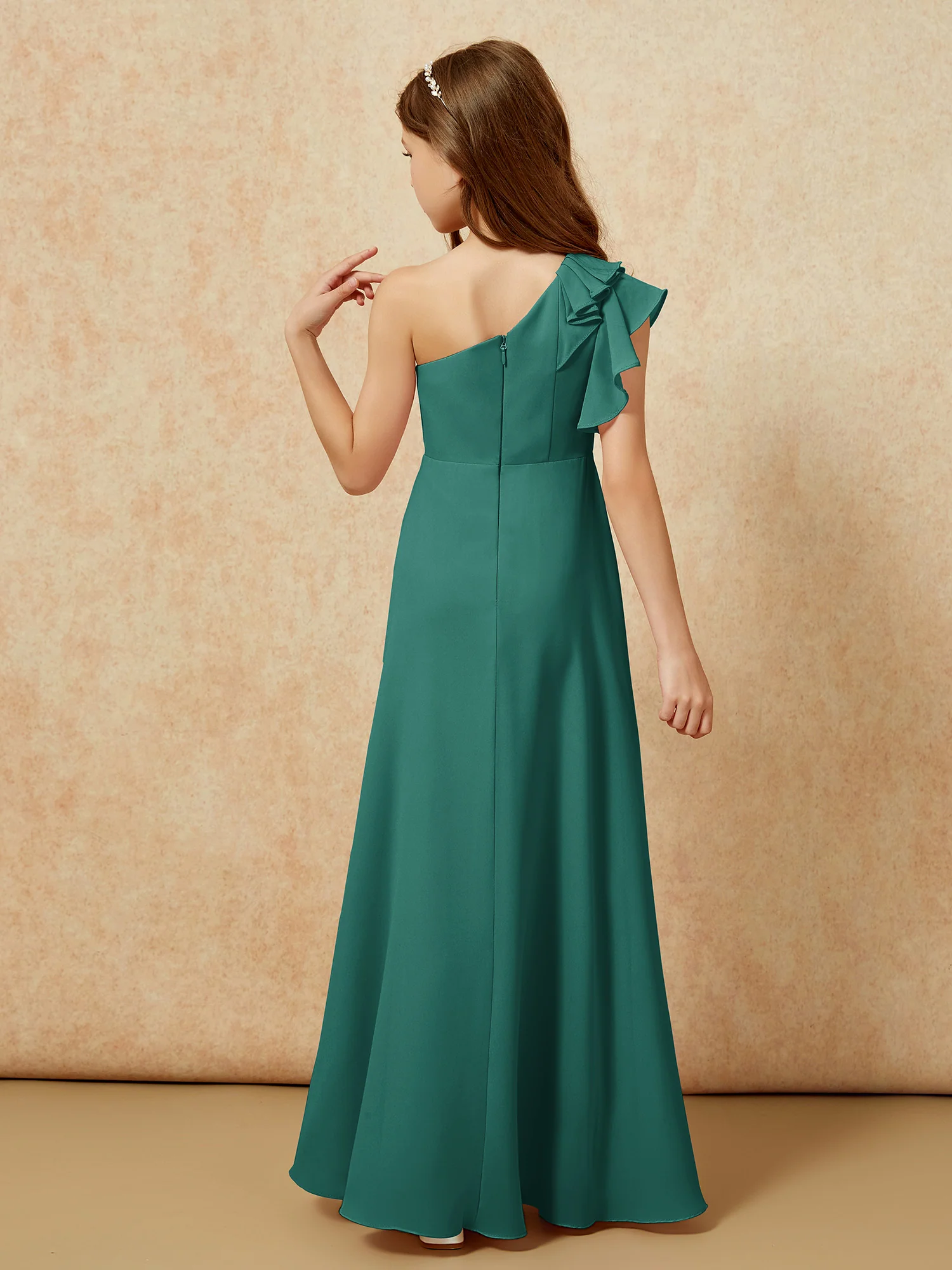 One Shoulder Flutter Sleeves Junior Bridesmaid Dresses Peacock - Image 2