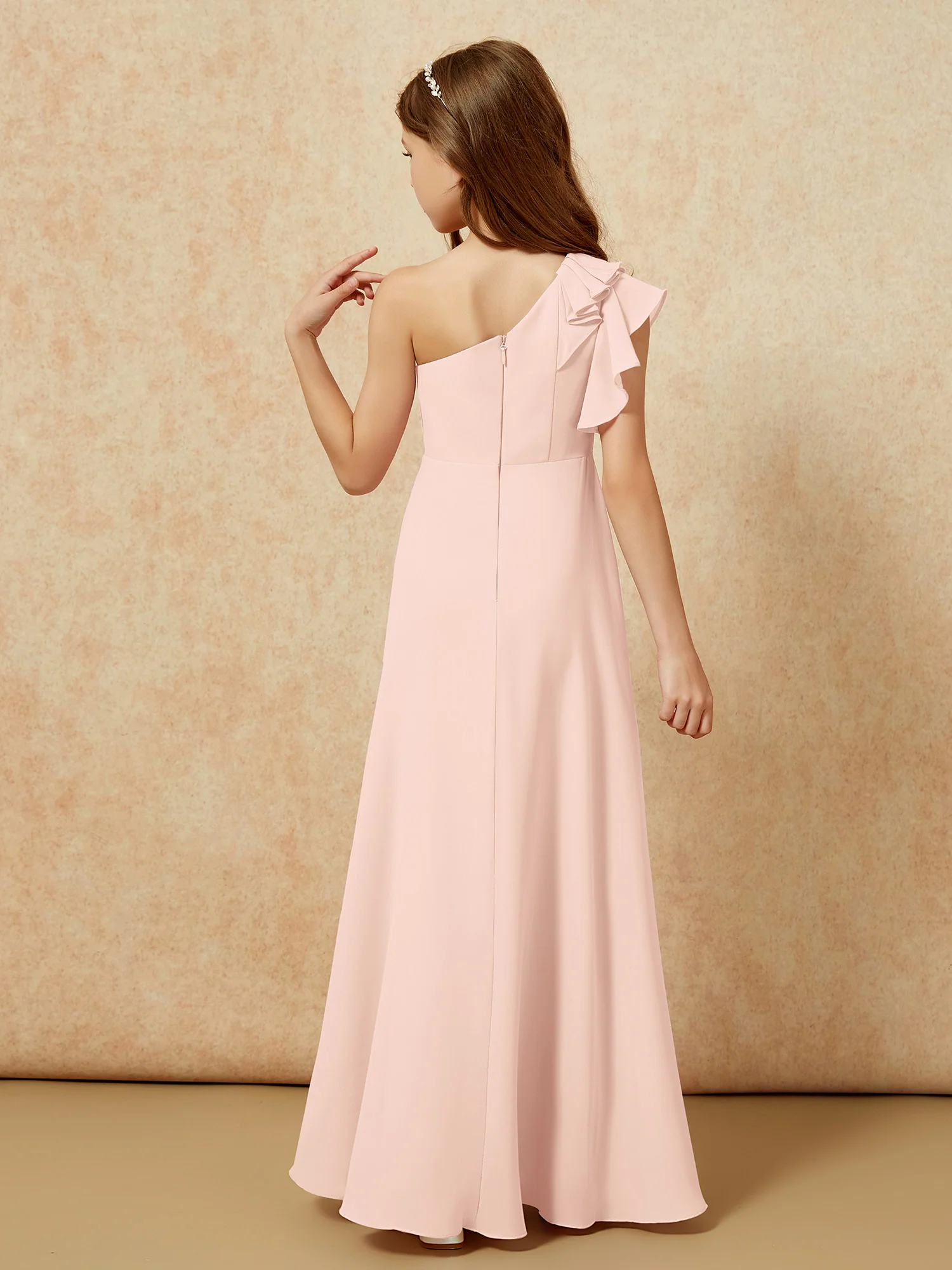 One Shoulder Flutter Sleeves Junior Bridesmaid Dresses Pearl Pink - Image 2