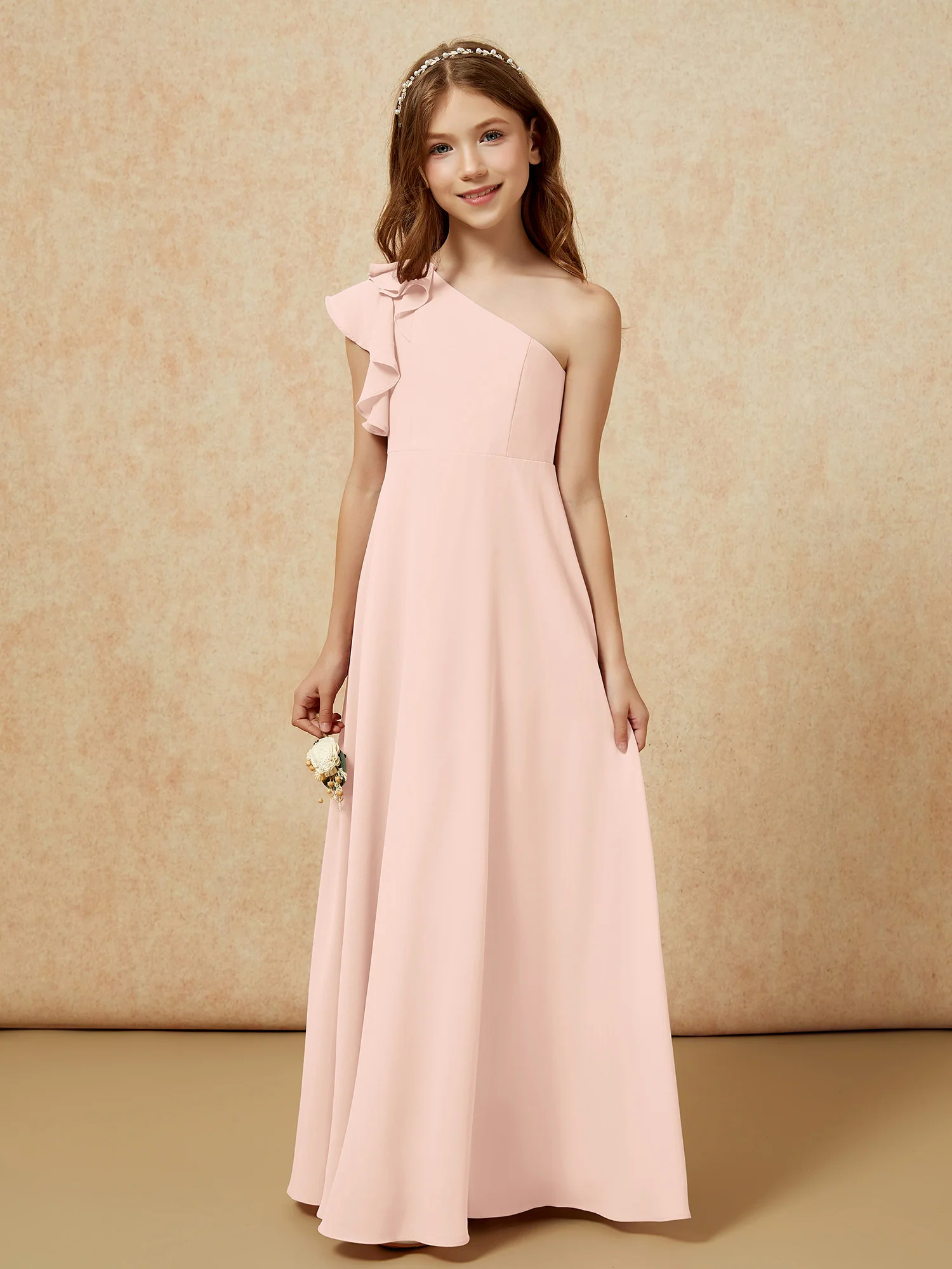 One Shoulder Flutter Sleeves Junior Bridesmaid Dresses Pearl Pink - Image 4
