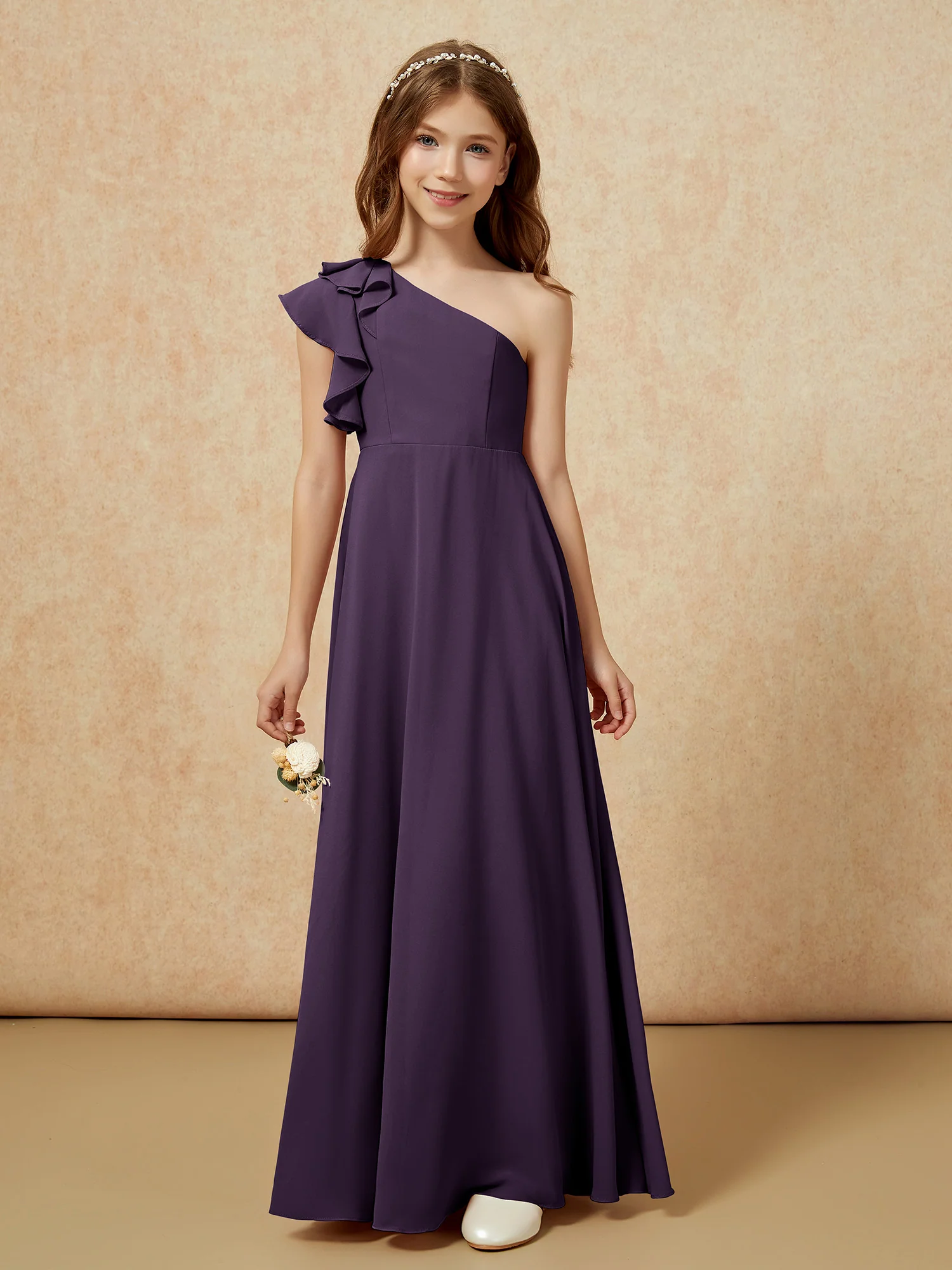 One Shoulder Flutter Sleeves Junior Bridesmaid Dresses Plum