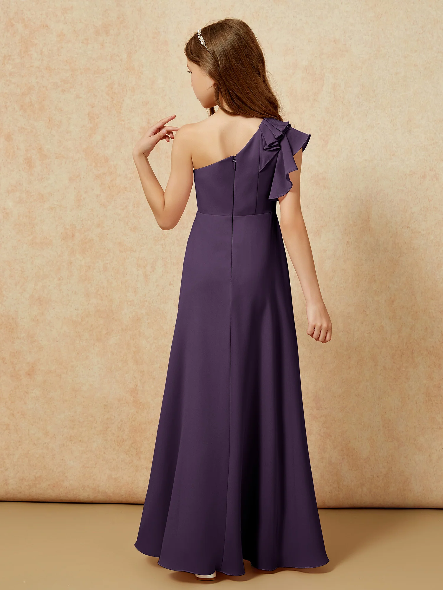 One Shoulder Flutter Sleeves Junior Bridesmaid Dresses Plum - Image 2